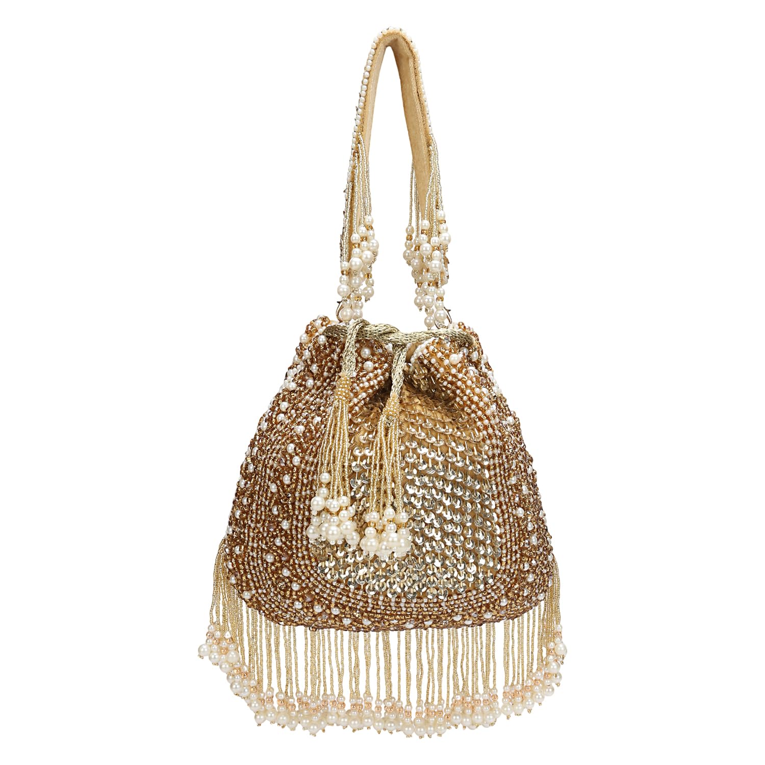 LONGING TO BUY Borsa Potli con perline dorate e sequenze con dettaglio di frange di perle, pochette con coulisse impreziosita per le donne