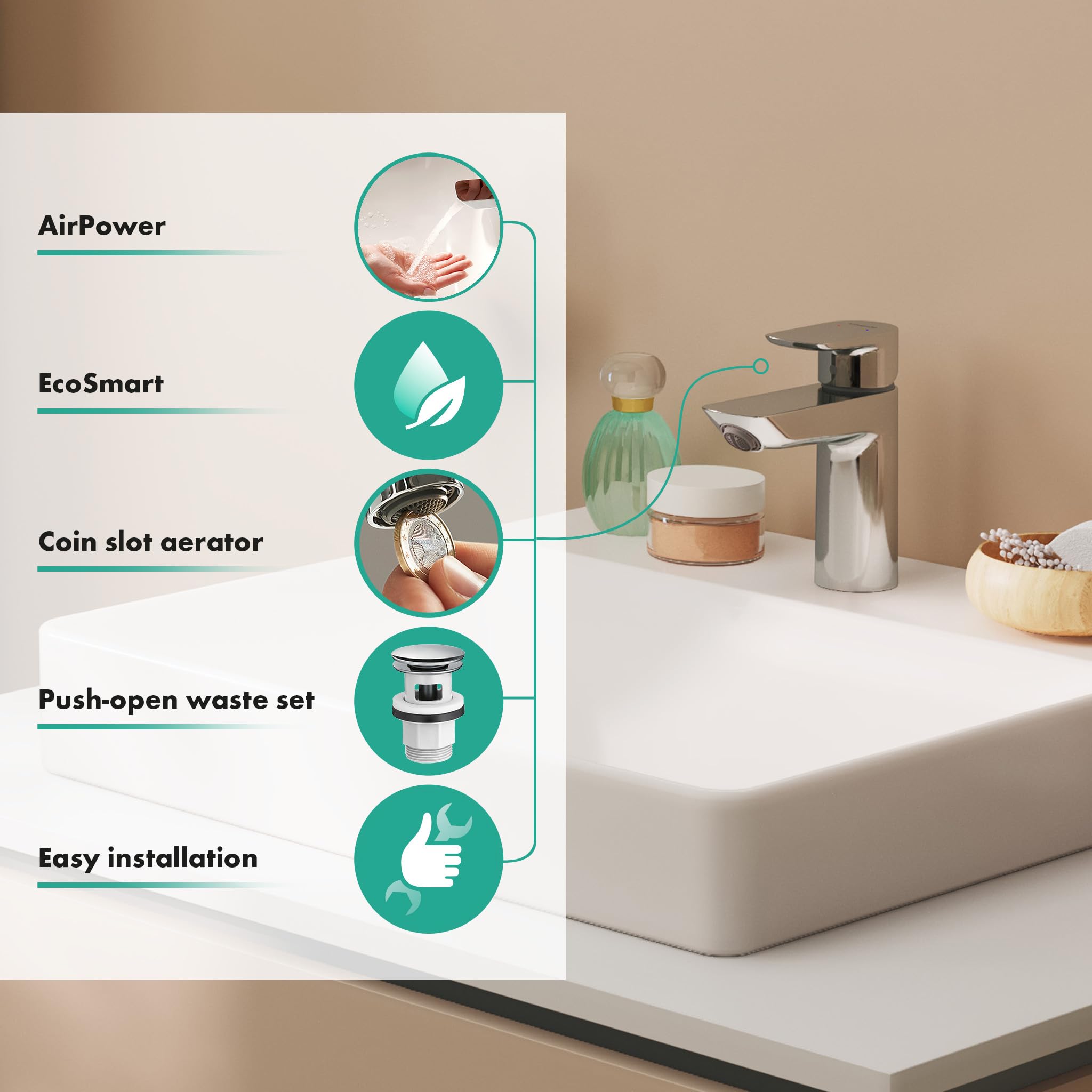 hansgrohe Neovis Q - grifo lavabo con vaciador Push-Open, grifo monomando lavabo, altura del caño 96 mm, cantidad de caudal 5 l/min (EcoSmart), cromo, 71348000