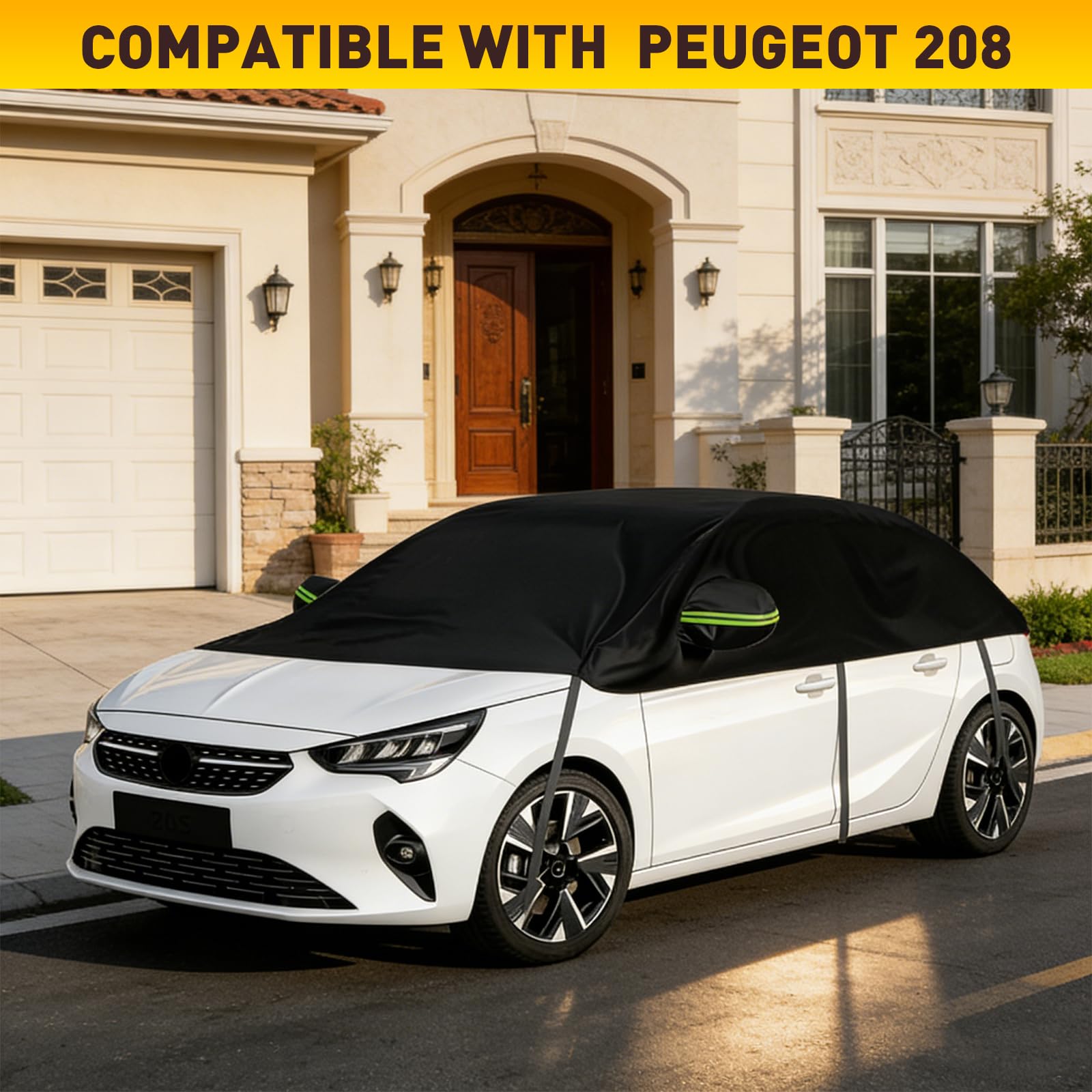 Halbe Autoabdeckung Ersatz Passend für Peugeot 208 2012-2025, Sonnenfest Hälfte Halbgarage, Wasserdicht Auto Halbgarage, UV-Beständige Regen Sonne Staub Schutz