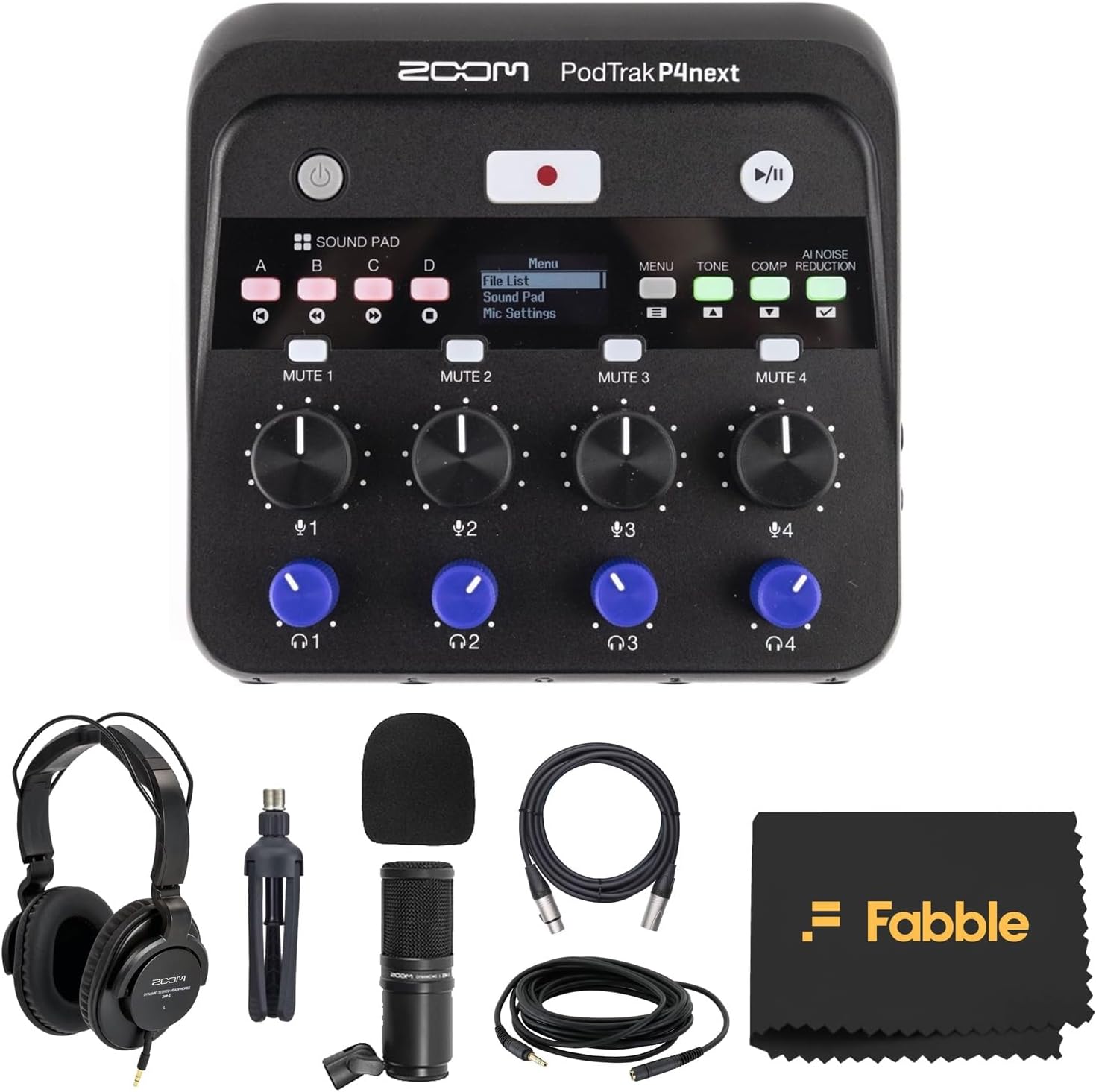Zoom PodTrak P4next Portable Multitrack Podcast Recorder Bundle with Microphones, Headphones, Windscreens, Desktop Mic Stand, XLR Cables with a Premium Microfiber Cleaning Cloth