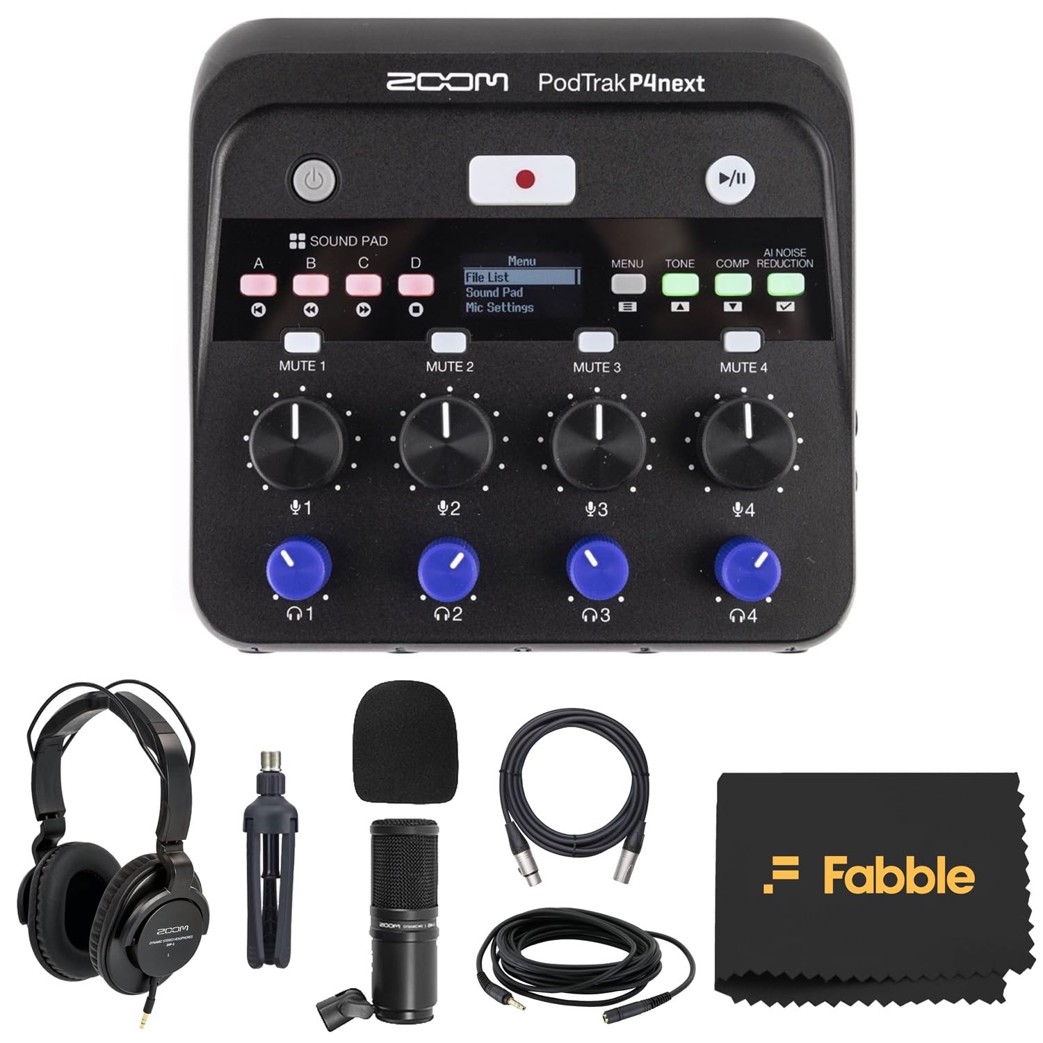 Zoom PodTrak P4next - Set di registratori podcast multitraccia portatili con microfoni, cuffie, parabrezza, supporto per microfono da scrivania, cavi XLR con panno di pulizia in microfibra di alta