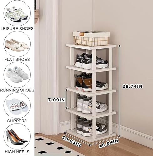 Miniatura 2 de SAN HE Zapatero de bambú de 5 niveles - Zapatero vertical blanco para espacios pequeños, organizador alto y estrecho para zapatos, para armario,