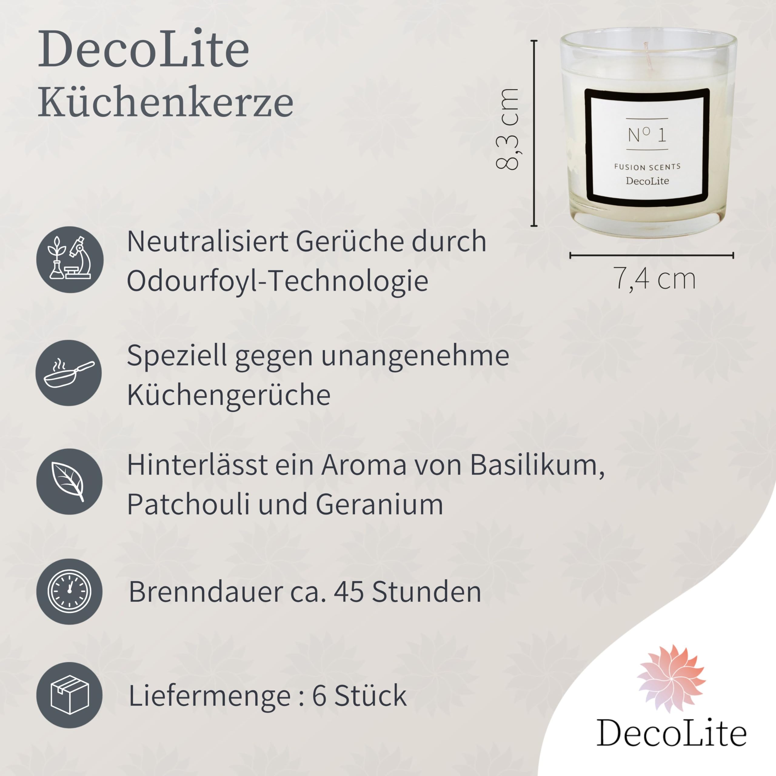 Küchenkerzen im Glas, 45 Std. Brenndauer, 6 Stück, Duftkerze