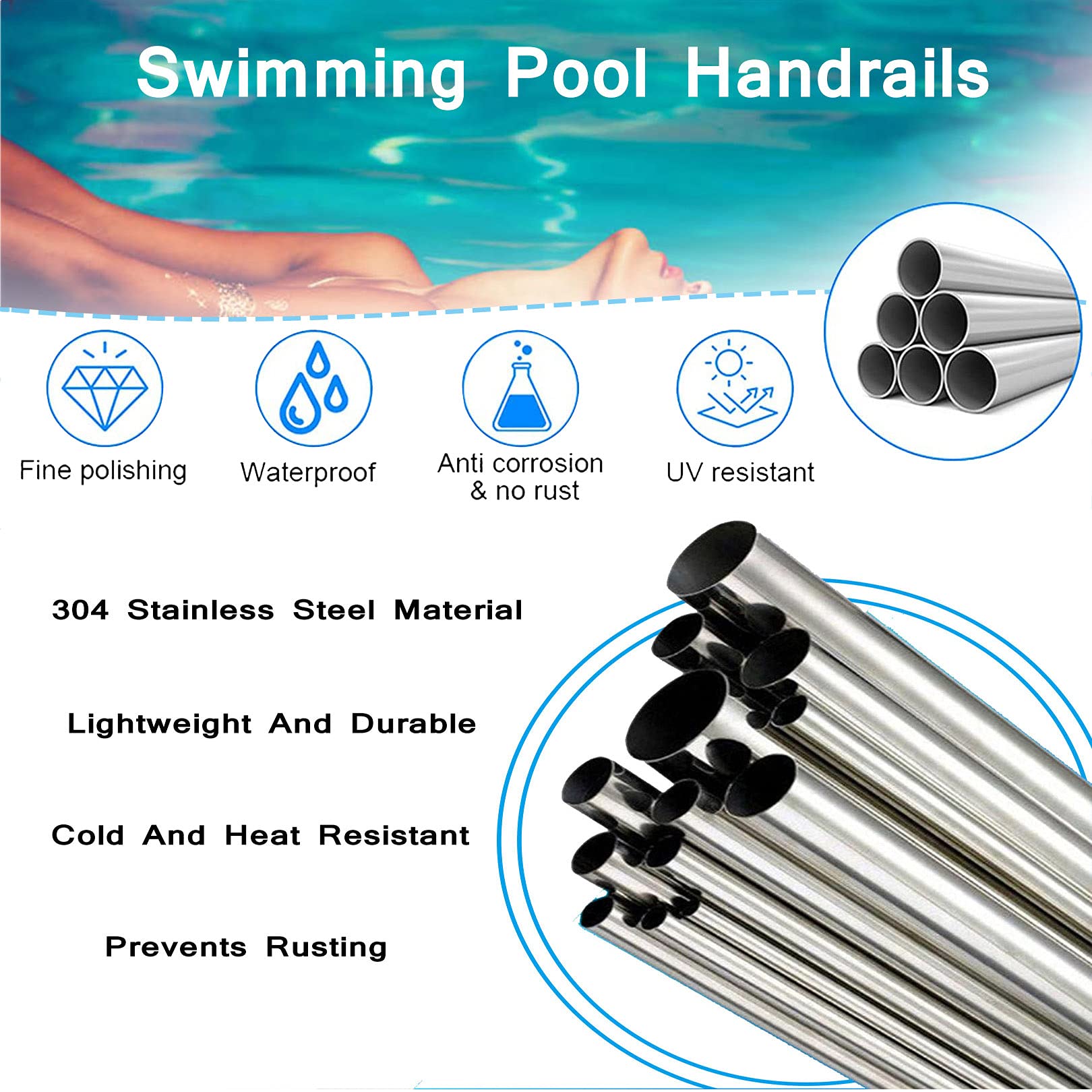 KLZUOPT Pasamanos de Seguridad para Piscina, pasamanos de Acero Inoxidable 304, toboganes para Piscina con Base de Montaje rápido (1 Unidad)
