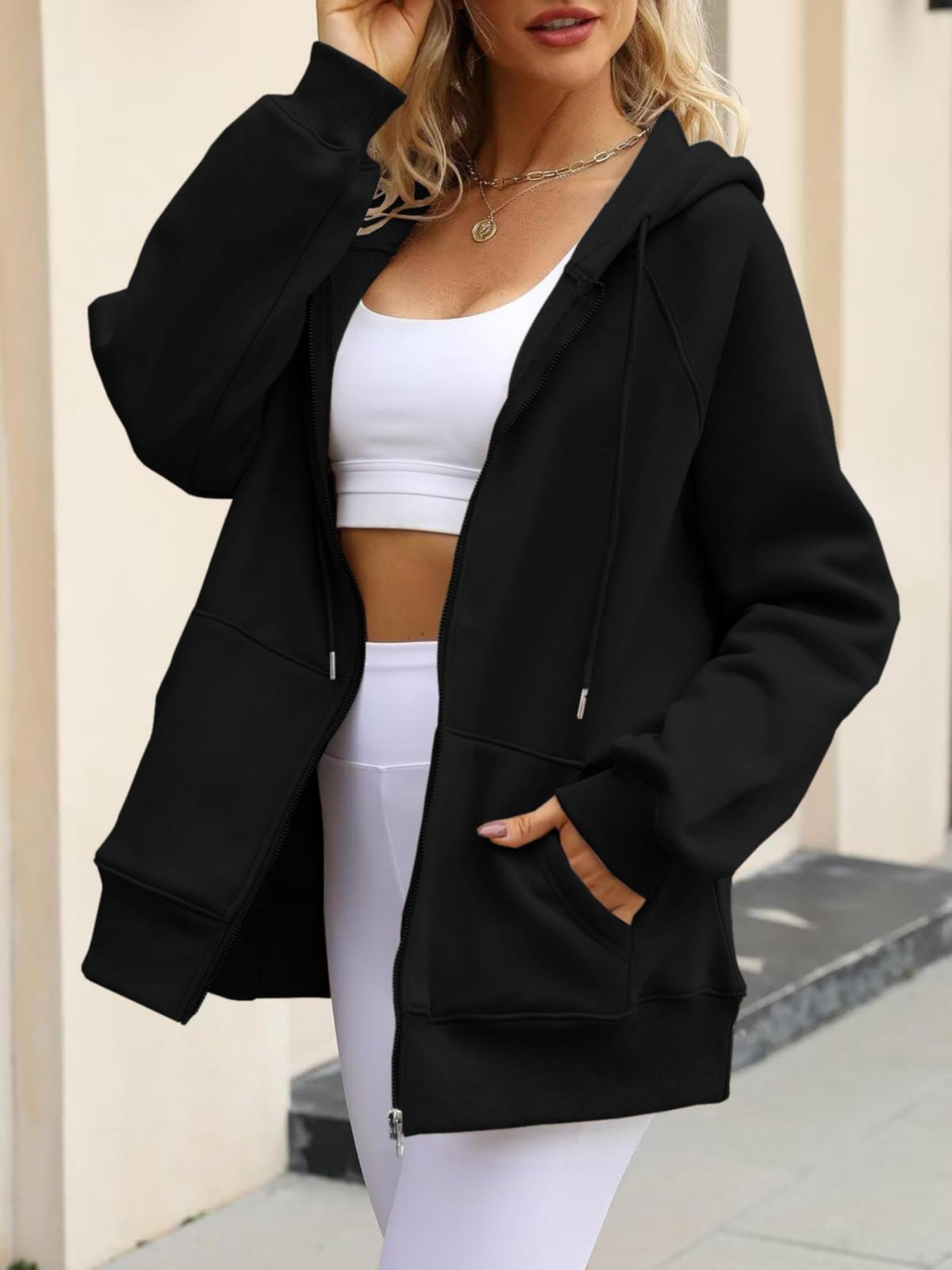 Timuspo Zipper Hoodie Damen Langarm Kapuzenjacke Sweatjacke Oversize Reißverschluss Fleece Sweatshirt Einfarbig Herbst Jacken Y2k Kapuzenpullover