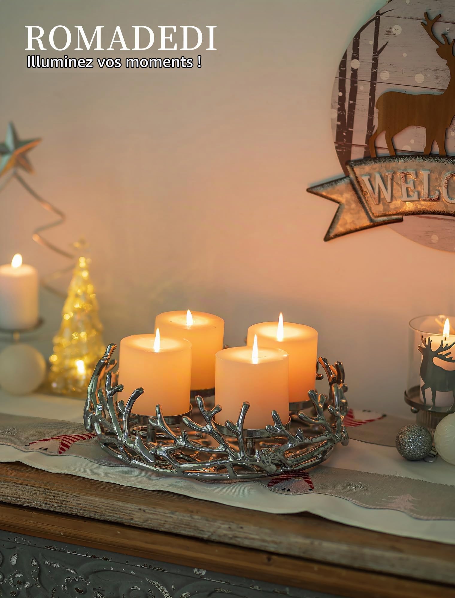 Romadedi Couronne de l'Avent Vintage en forme de bois de cerf Argent: Arrangement de couronne de l'Avent rond petit en aluminium Ø 28 cm pour 4 bougies de 8 cm de diamètre - Support de couronne de