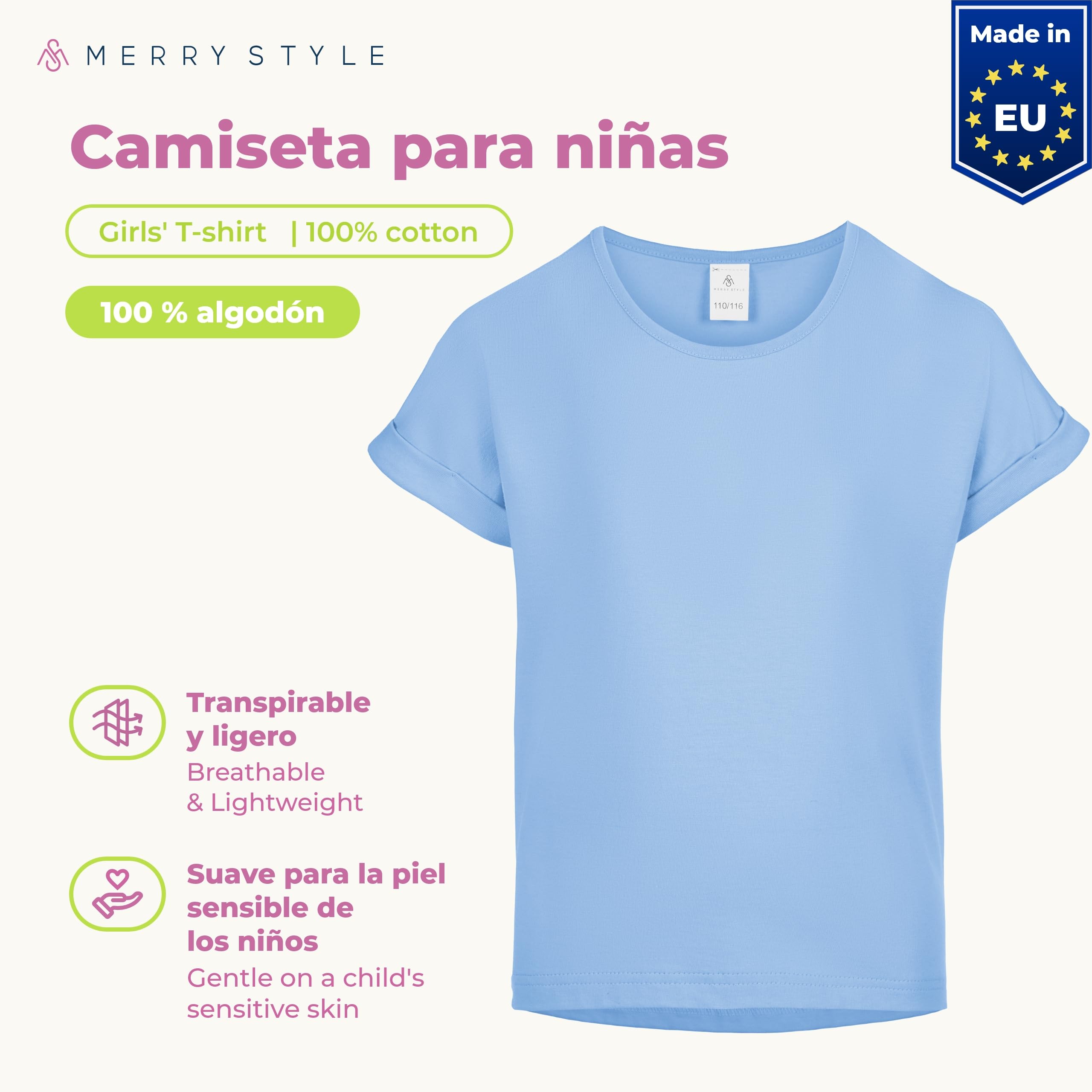 Merry Style Camiseta Niña Manga Corta Algodón, Cuello Redondo MS10-468