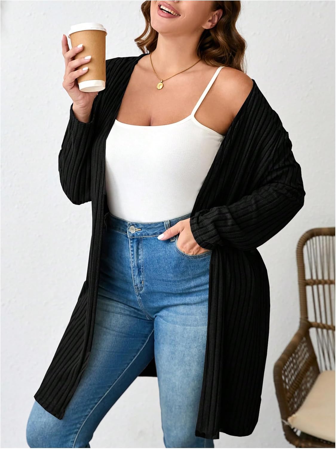 SHENHE Women's Plus Size Open Front Long Cardigan Lightweight Ribbed Knit Soft Sweater Coat - Image 4