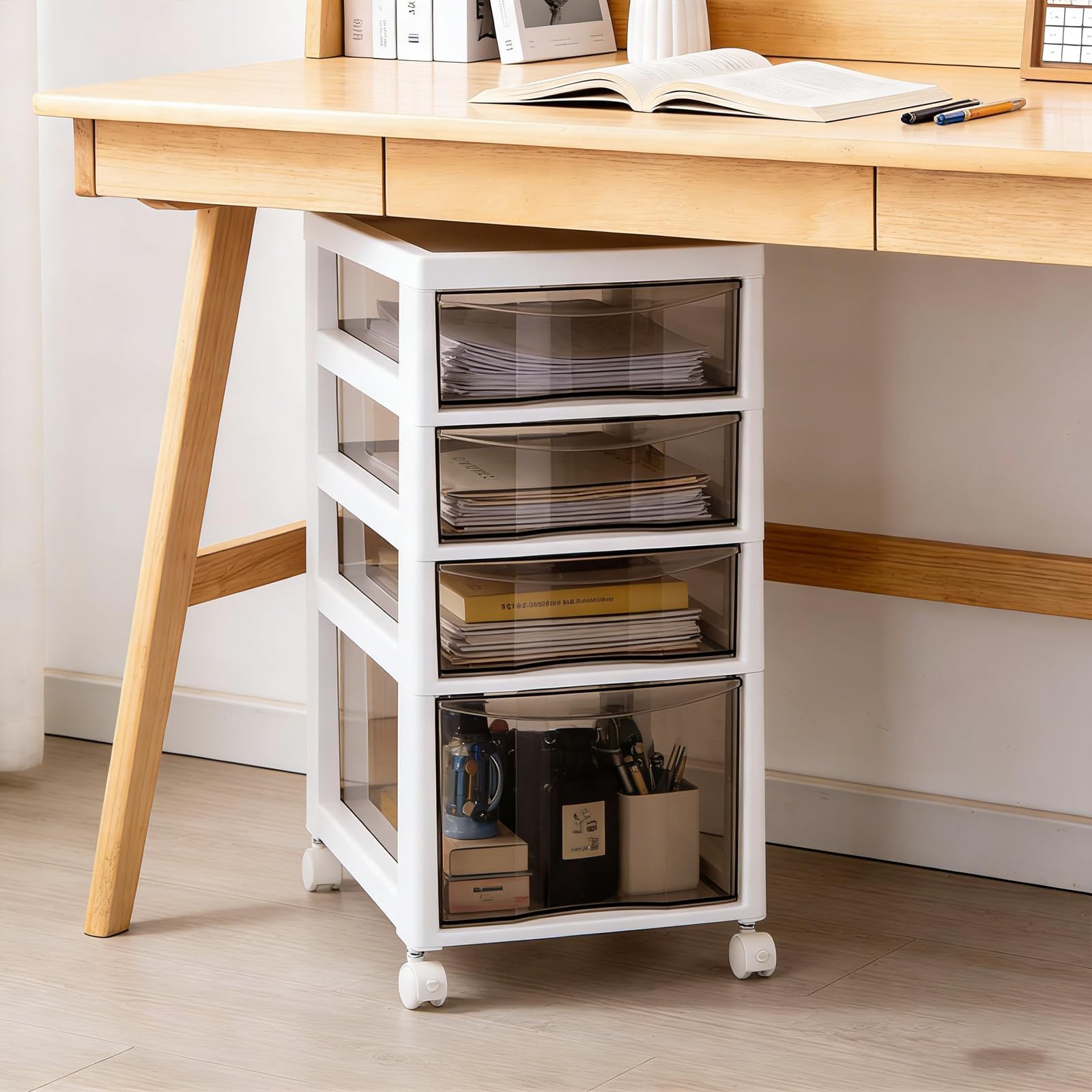 BUYMORE Beautiful Youthful Drawer File Cabinet, Floor Storage Cabinet with Wheels, Drawer Cart Storage Organizer Dustproof Containers Shelf Box for Home Office School (4 plies)