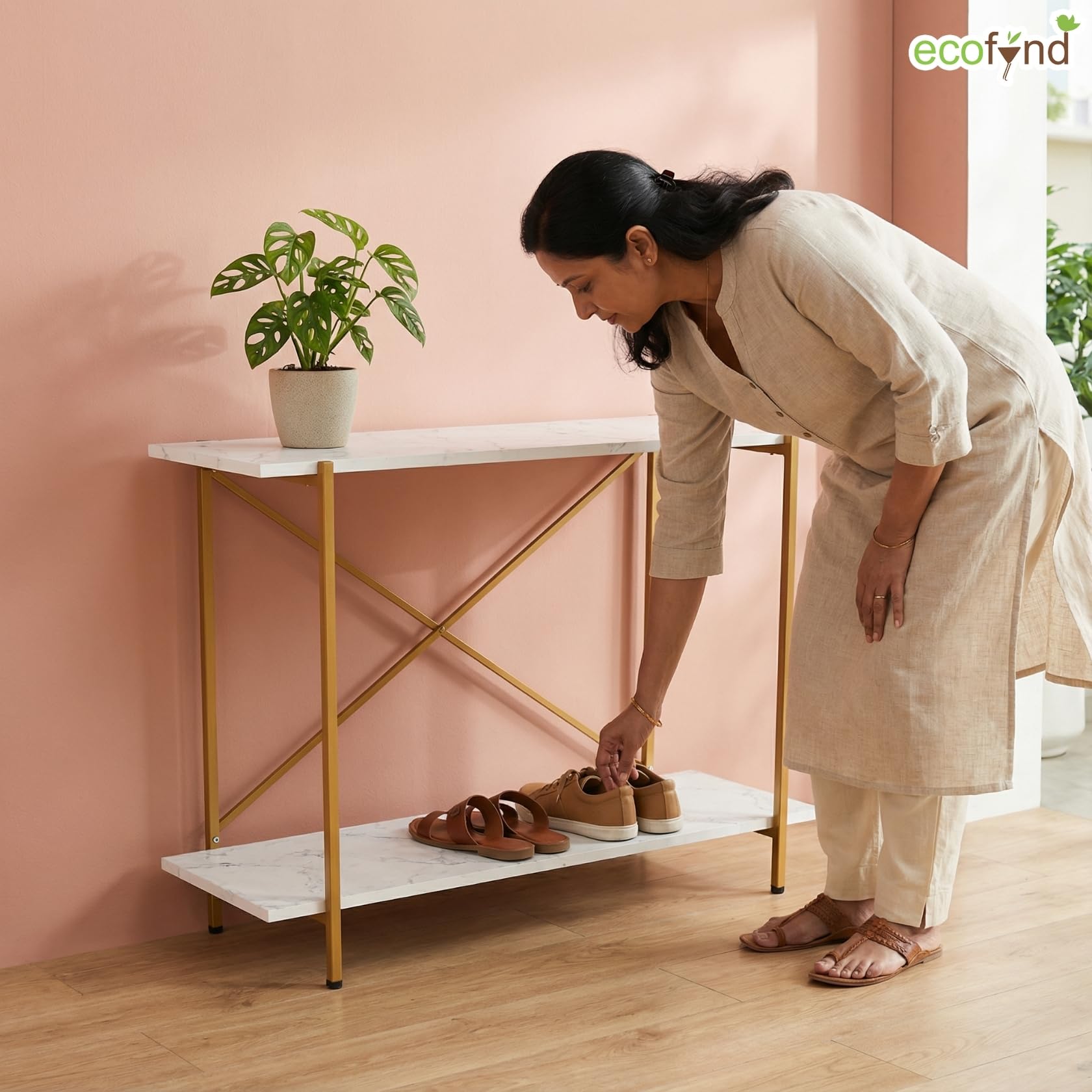 ecofynd Elix Jr 2-Tier Storage Bench for Entryway, Stable Shoe Organizer Living Room, Entry Footwear Rack Holds Up to 70 Kg, Strong, Non-Slip Feet, X-Cross Brace at Back, 35"X9"X28" White & Gold 3