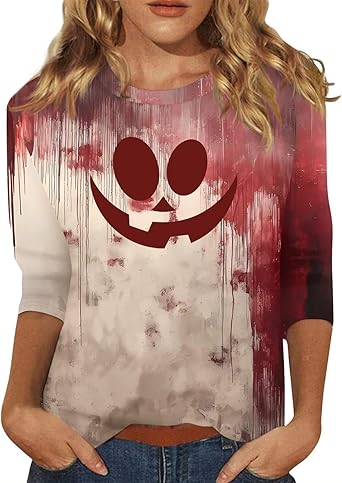 Halloween Shirts for Women 3/4 Sleeve Plus Size Crewneck Loose Fit Cute T Shirt Halloween Costumes for Women 2025