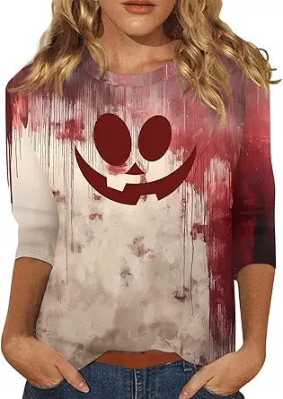 Halloween Shirts for Women 3/4 Sleeve Plus Size Crewneck Loose Fit Cute T Shirt Halloween Costumes for Women 2025