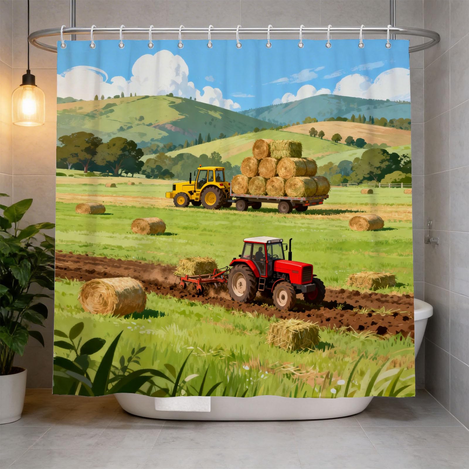Hongduo White 3D Farm Tractor Shower Curtain For Stalls Bathtubs Agriculture Illustration Bathroom Decor Shower Curtain Set Polyester Fabric Waterproof 180X180cm/71X71 Inch With Hooks