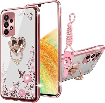 for Galaxy A33 5G Case, A33 5G Phone Case for Women Glitter Crystal Soft Bling Cute Butterfly Heart Floral Clear Protective Cover with Kickstand+Strap for Samsung Galaxy A33 5G Rose Gold