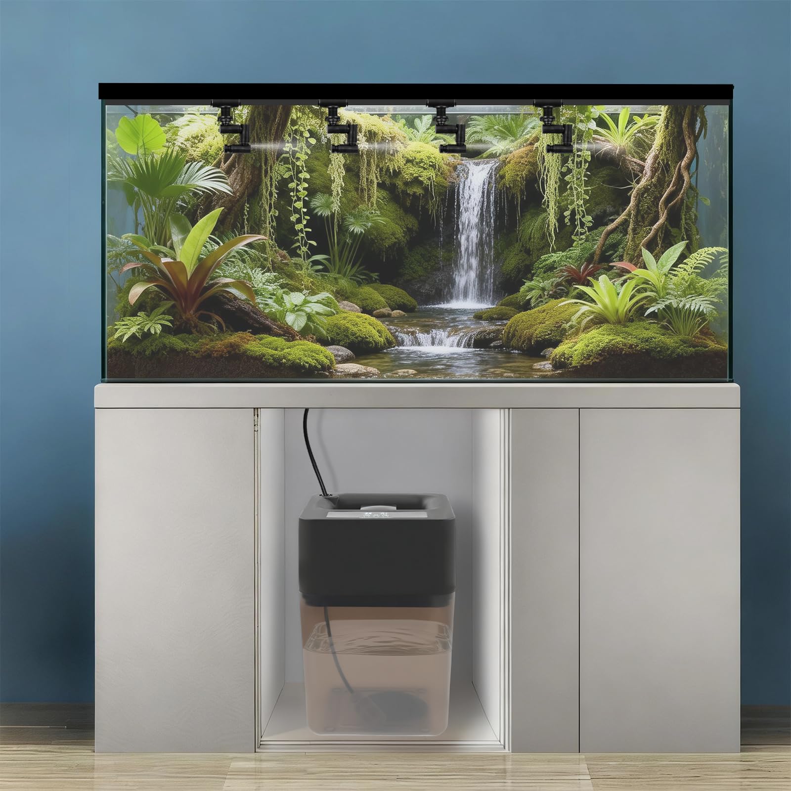 Beregnungsanlage Terrarium Luftbefeuchter Sprühapparat, mit Vier 360° drehende Düsen und 12L Wasserspeicher, Sprühdauer von 5-60s und Stoppdauer von 1-24h und Bietet Drei Modi, für Reptilienbecken