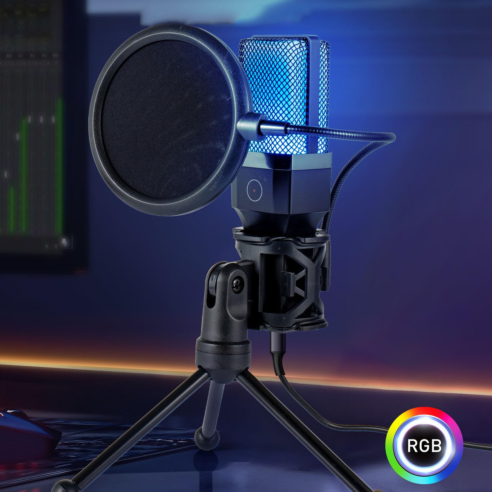 Mikrofon USB Vomeko Gaming, mikrofon kondensatorowy OISE z wyciszeniem, mikrofon komputerowy PC z efektami oświetleniowymi RGB do nagrywania podcastingu do nagrywania gier