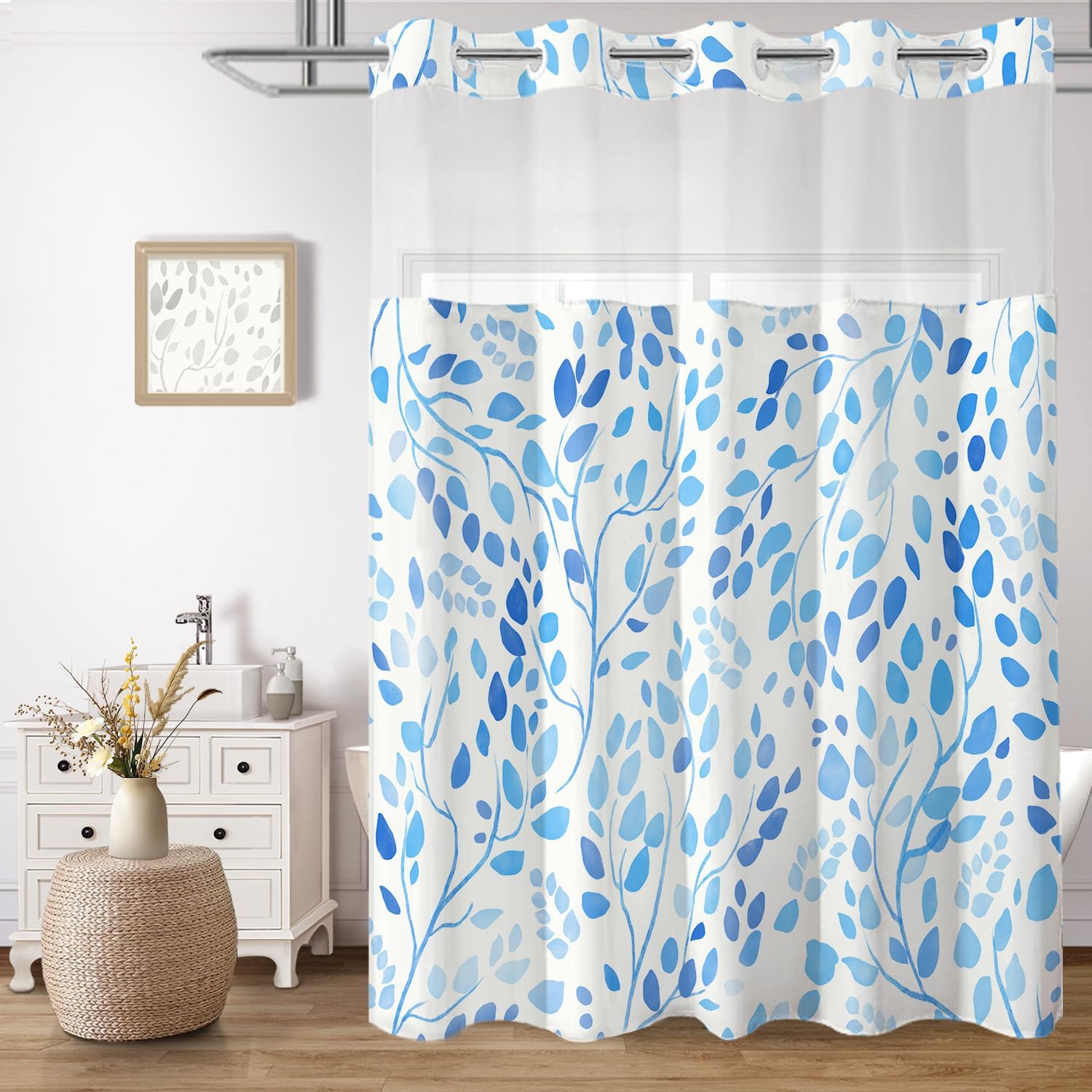 No Hook Shower Curtain with Snap in Liner Set, Boho Colorful Leaves Design, Waterproof Washable Fabric Floral Shower Curtains for Bathroom Decor with See Through Mesh Top Window 71x74 Inch