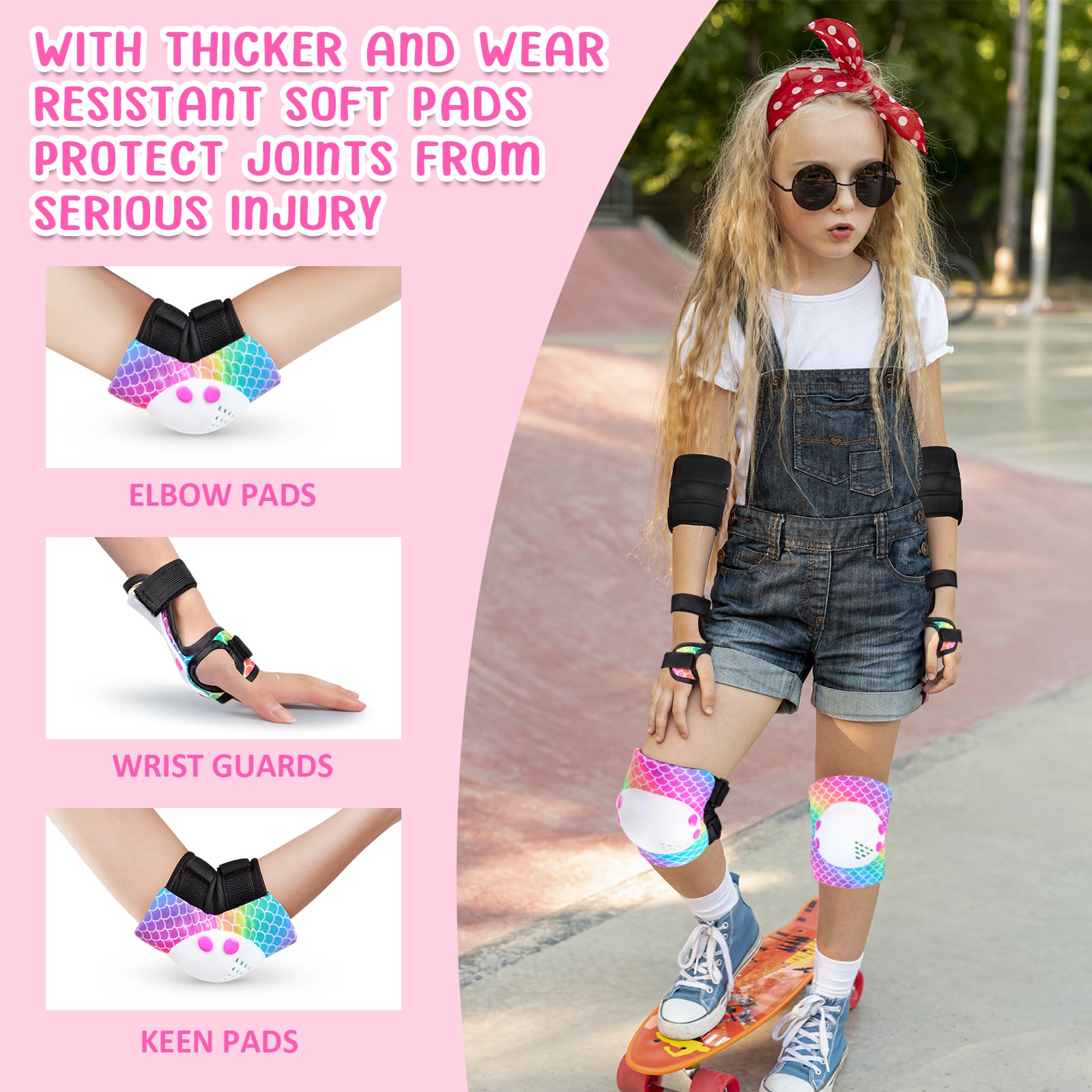 Ausletie Kids Girls Protective Gear Set - Adjustable Knee Pads and Elbow Pads with Wrist Guard for Girls Kids Toddler - Roller Skates, Bike, Cycling, Skateboard, Scooter