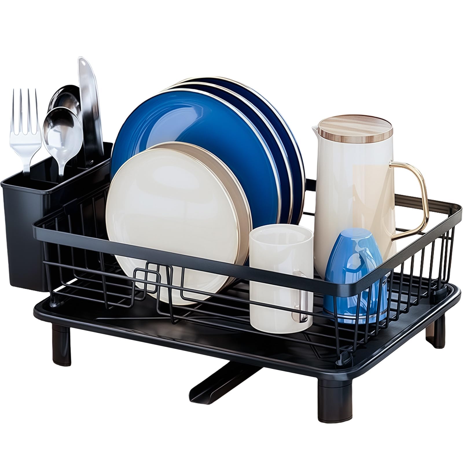 Nbbeng Black Dish Drainer Rack With Drip Tray, Kitchen Counter Sink Dishes Drainer With Drainage Spout, Stainless Steel Detachable Dish Drying Rack For Kitchen Counter Space-Saving