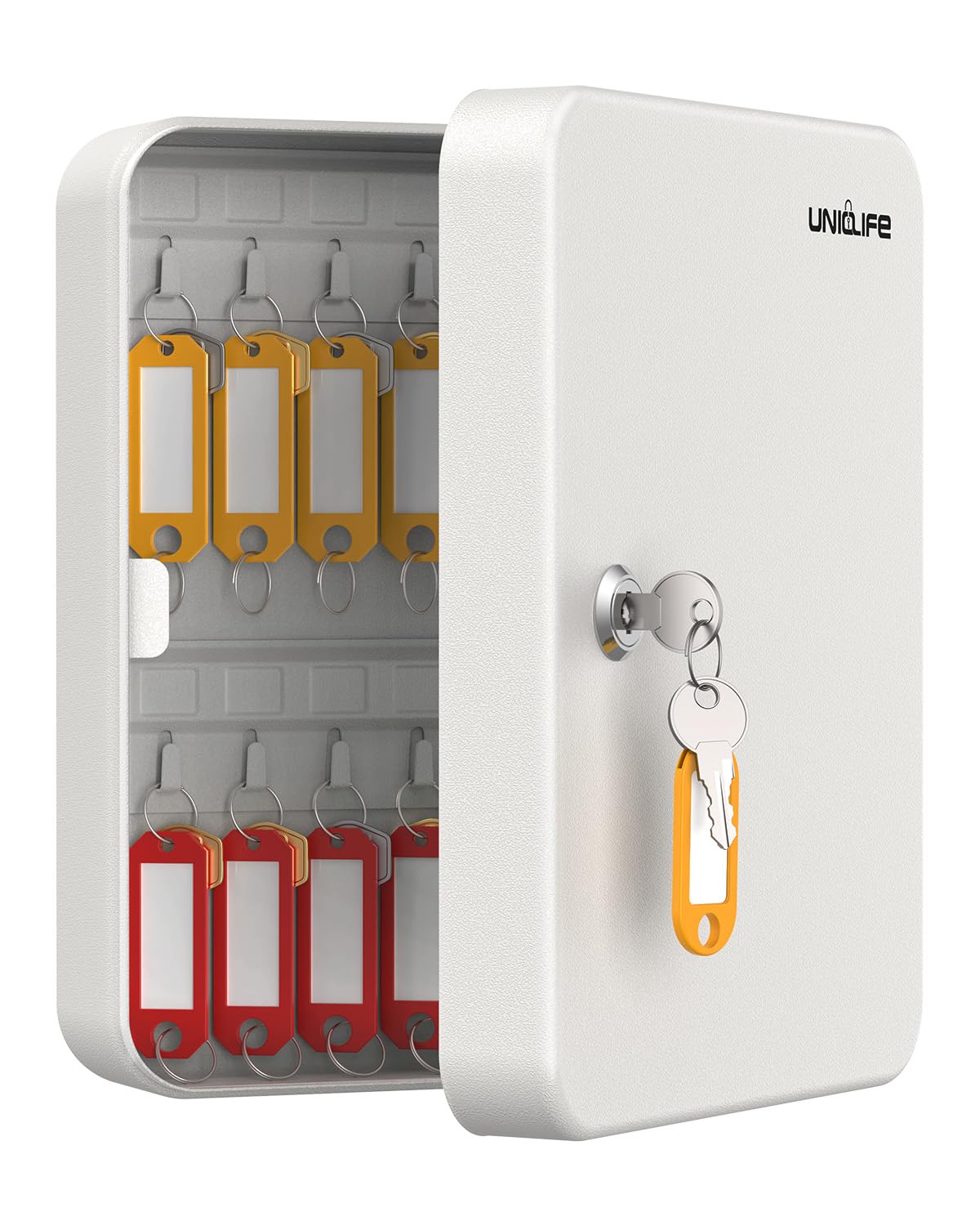 Uniclife 28 Position Key Cabinet with Key Lock Wall Mounted White Security Storage Box Steel Key Organizer with Colorful Key Tag Labels Stickers and