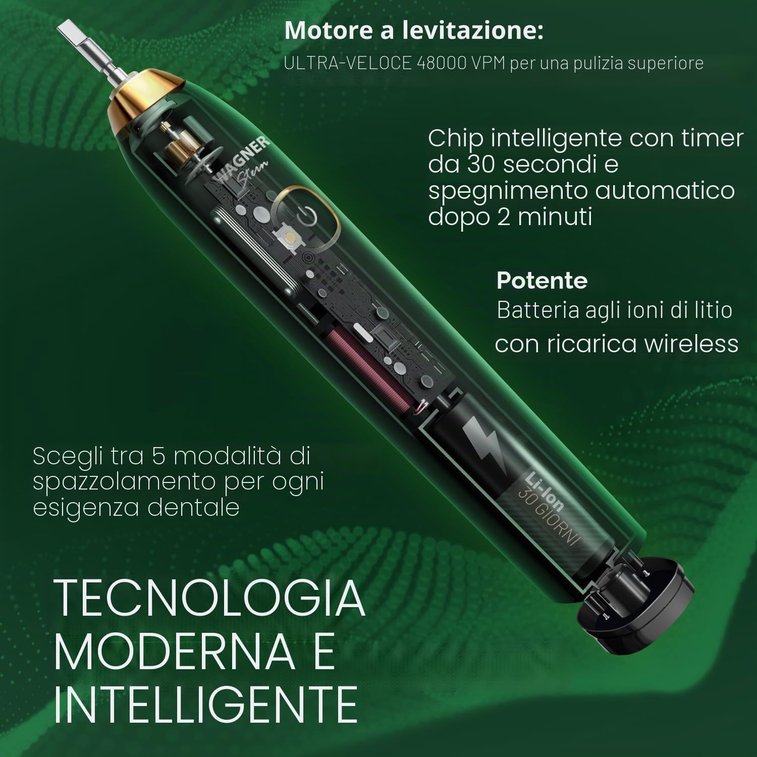 Wagner Stern Lo spazzolino elettrico Sapphier Blue Edition sbiancante ad ultrasuoni presenta cinque modalità di spazzolatura, otto testine morbide e una lussuosa custodia da viaggio.