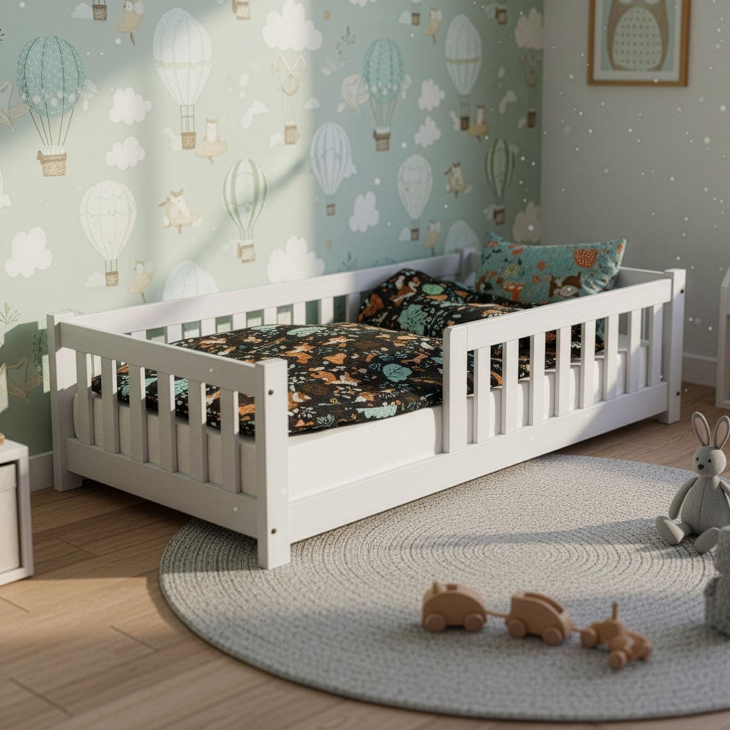 Juskys Kinderbett Naya – Bodenbett 80x160 cm, mit Rausfallschutz & Lattenrost, Holz, Weiß