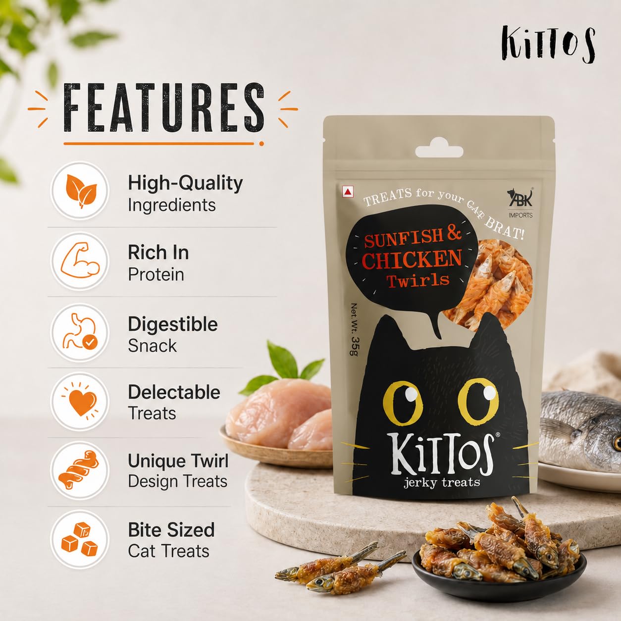 Kittos Sunfish and Chicken Twirls Cat Treats Combo Pack of 3 105g High Protein Low Fat Dry Cat Snacks Easy Digest Natural Training Reward Treats for Cats All Life Stages