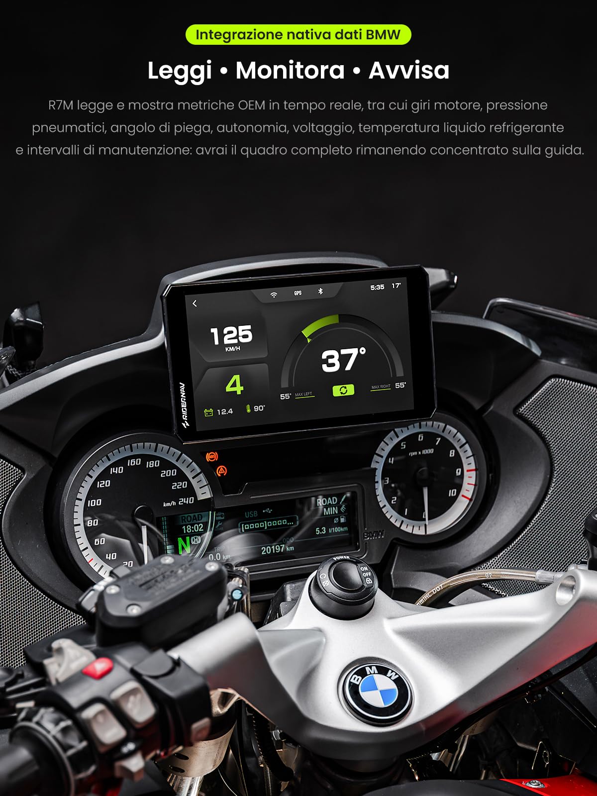 R7M 7" Wireless CarPlay e Android Auto per Motociclette BMW - Controllo Nativo Wonder Wheel Action Camera | Lettura Dati in Tempo Reale (TPMS/RPM) | Aggiornamenti OTA | GPS IP69K | Nav Prep