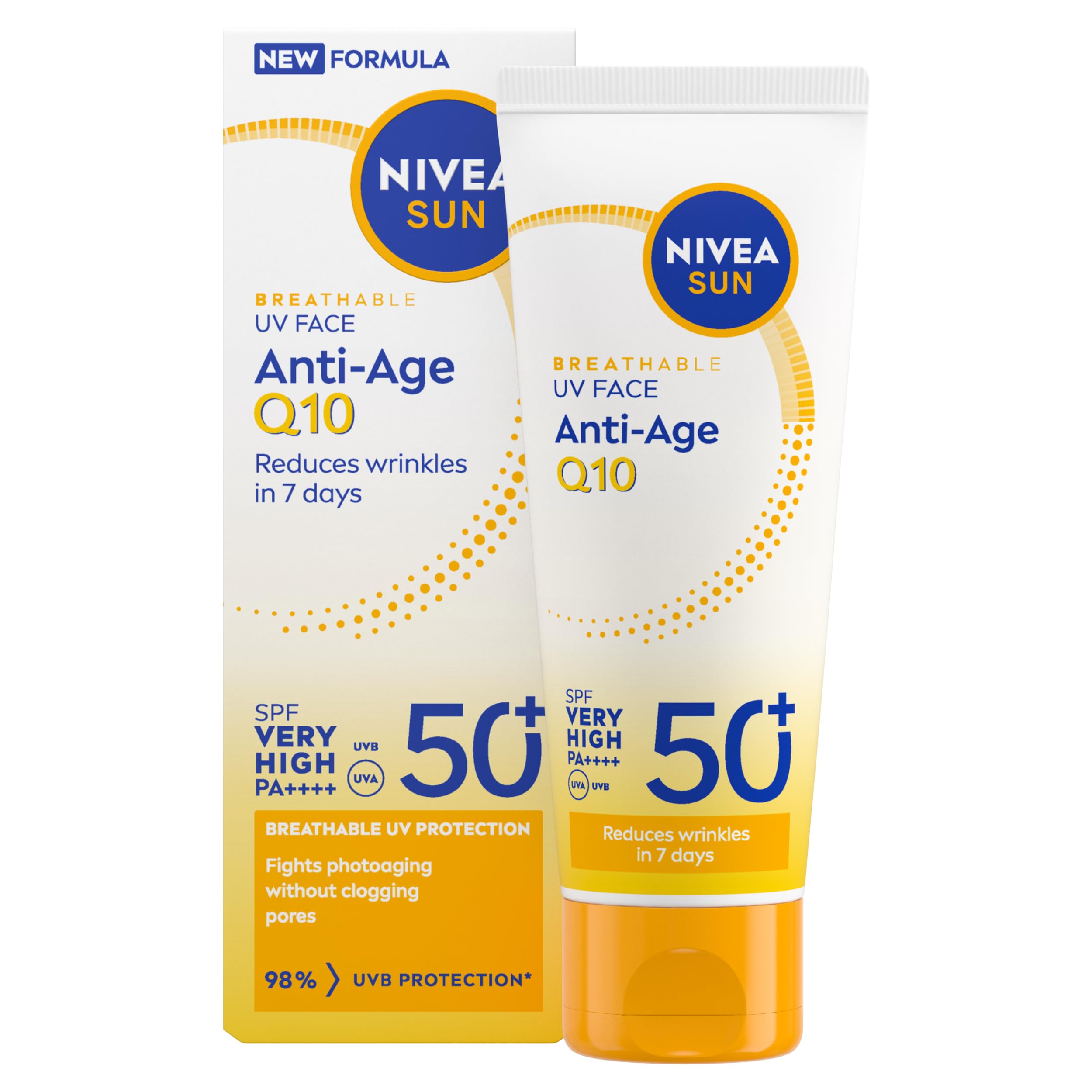 NIVEA SUN Breathable UV Face Anti-Age Q10 SPF 50+ (40ml), Invisible Finish Face Sunscreen, Reduces Wrinkles and Firms Skin, Lightweight and Non-Greasy Formula