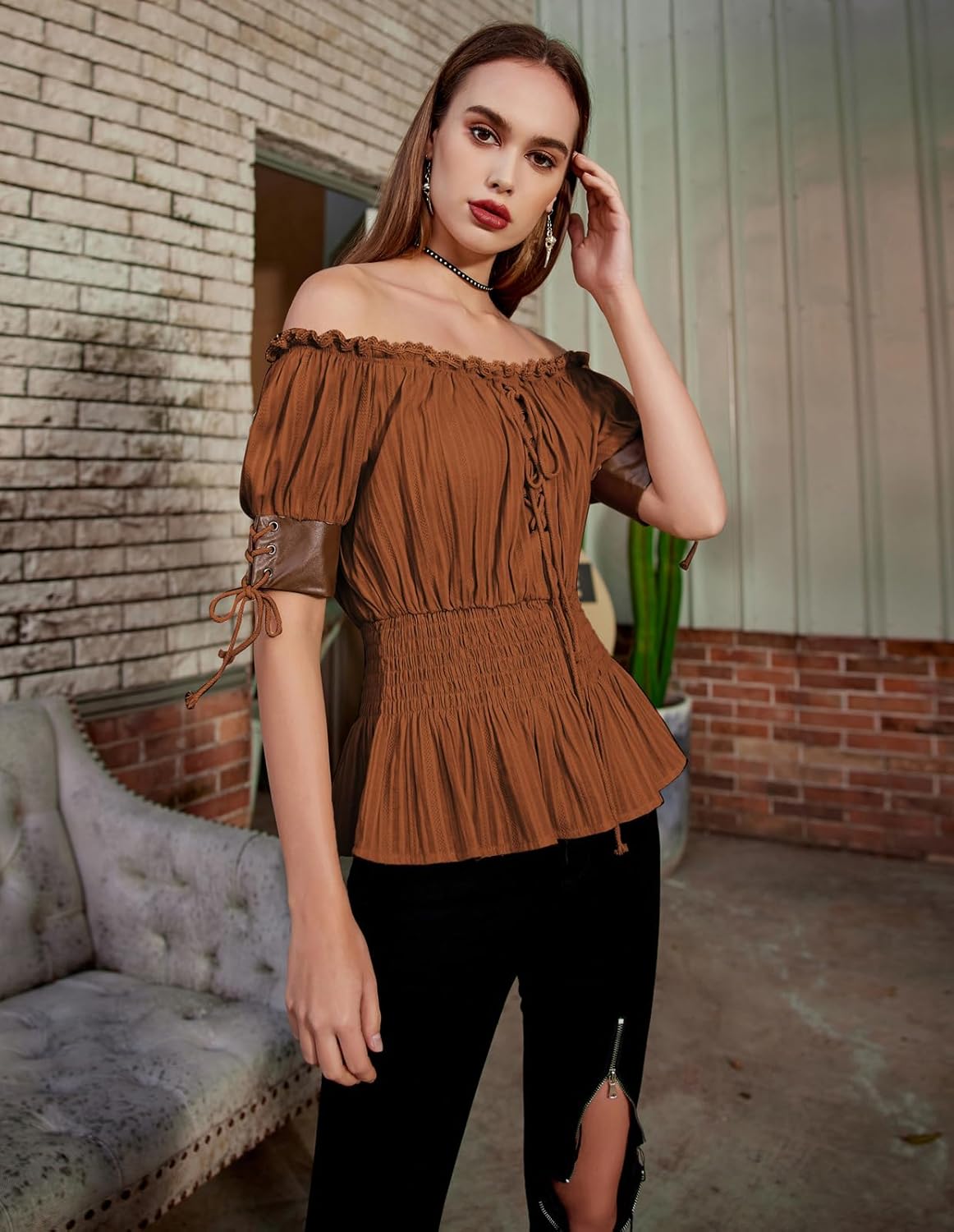 Belle Poque Women Renaissance Off Shoulder Blouse Smocked Waist Pirate Shirt Peplum Tops - Image 4