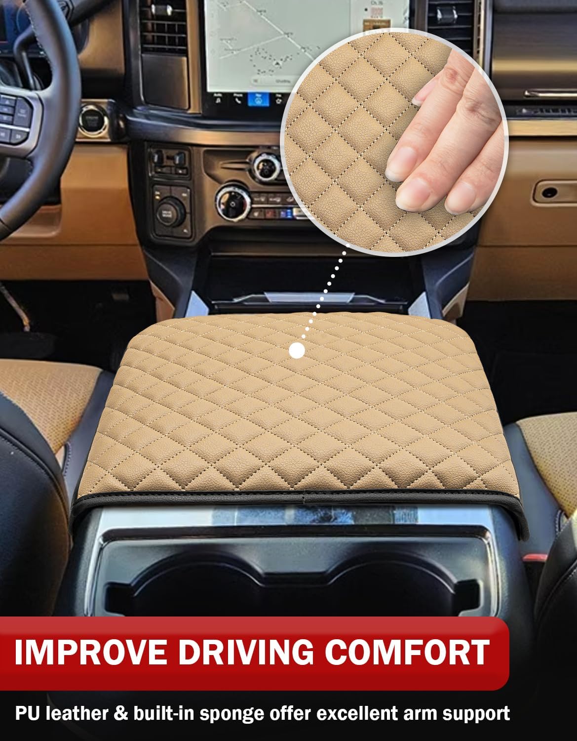 KBH Center Console Armrest Cover for F250-F550 Super Duty 2023-2026, Bucket Seat, Vinyl Leather Interior Trim, Arm Rest Lid Cushion Rrotector, Anti-Scratch, Baja Tan