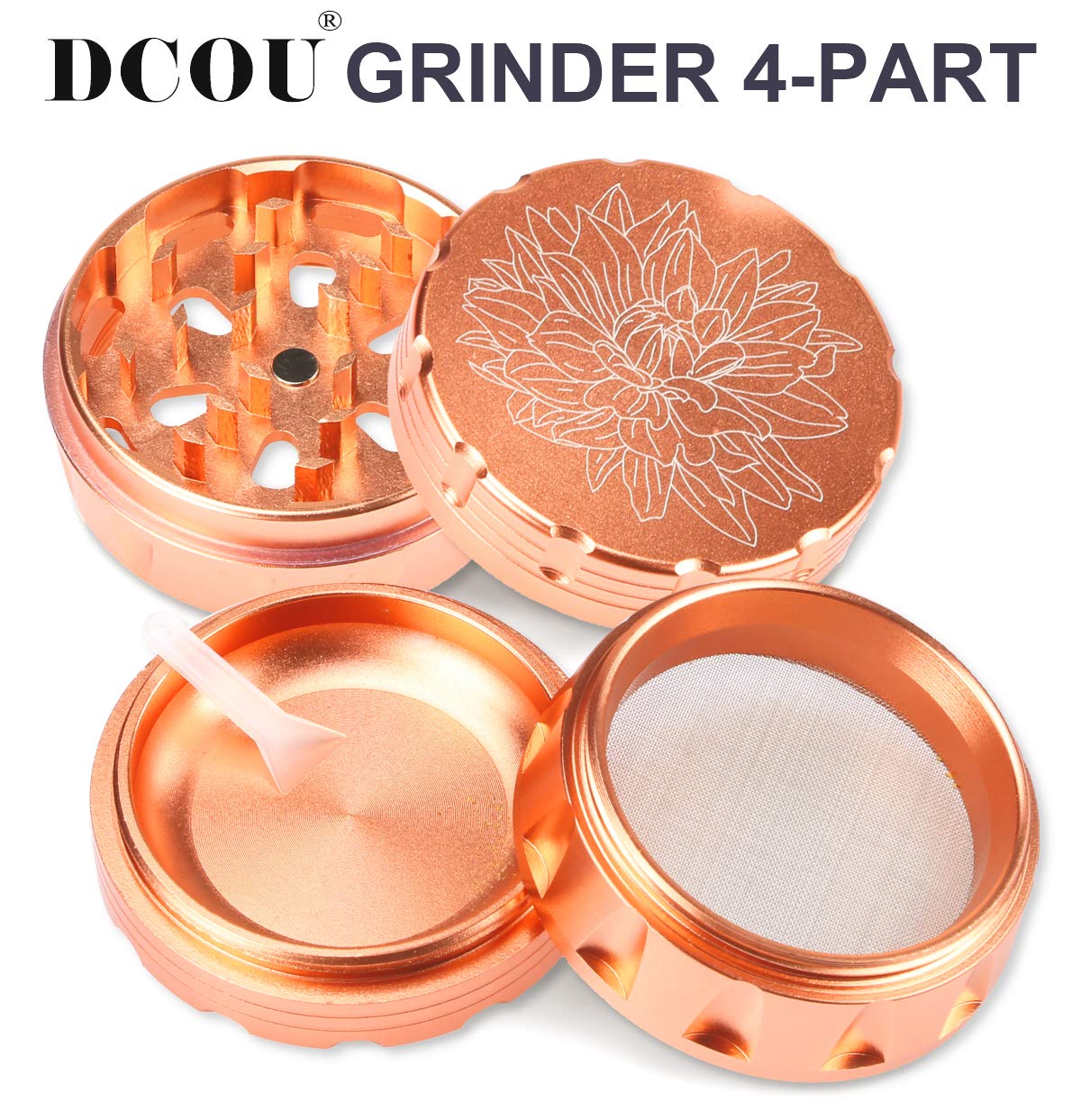 DCOU Premium Aluminium Gewürze Metallschleifer mit Pollenfänger mit Laser Blumenmuster 63mm 4 Stück