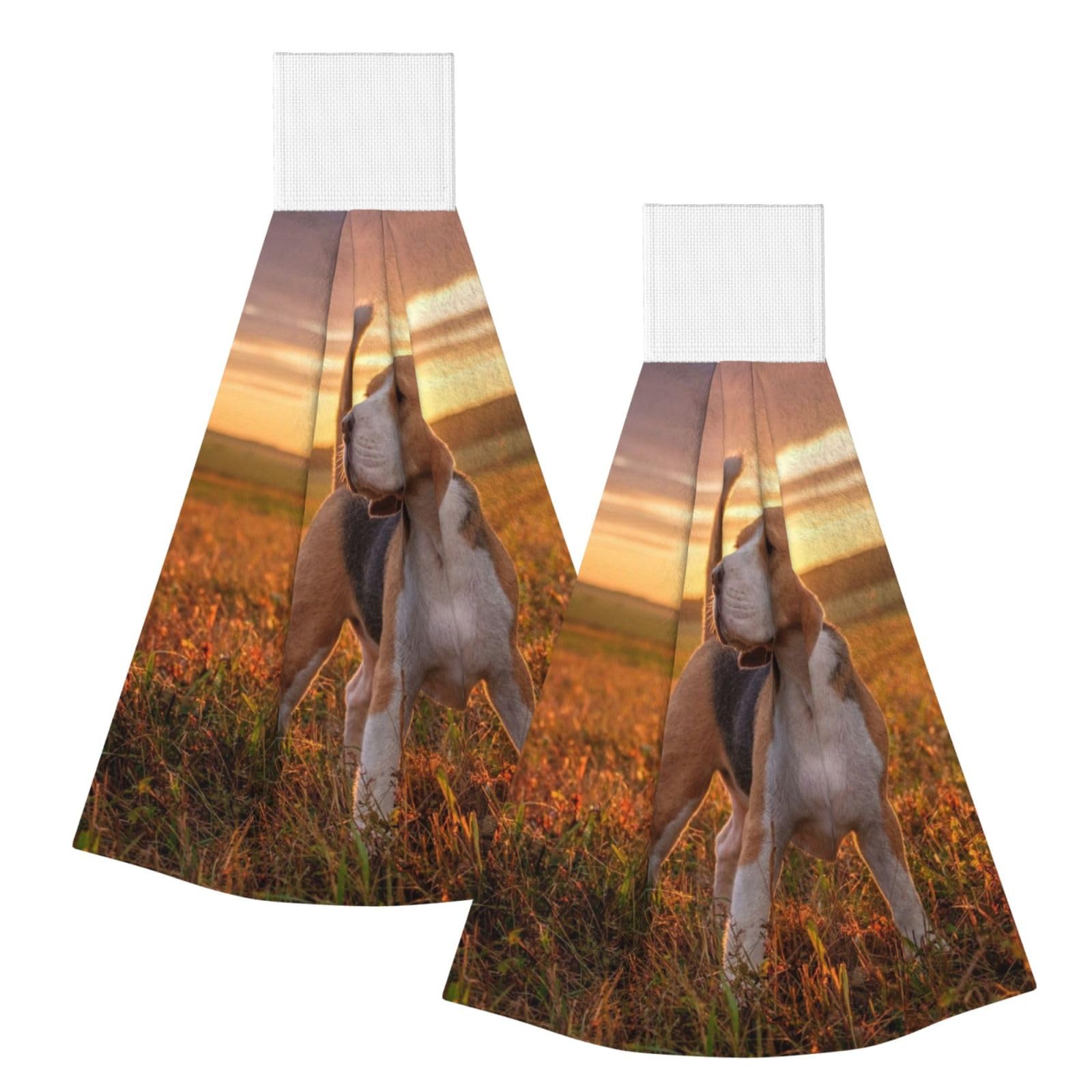 Beagle Lawn Dogs On A Walk Pets Dogs Sunset, 2 Pcs Hanging Coral Fiber Hand Towels for Bathroom, Absorbent Kitchen Towels