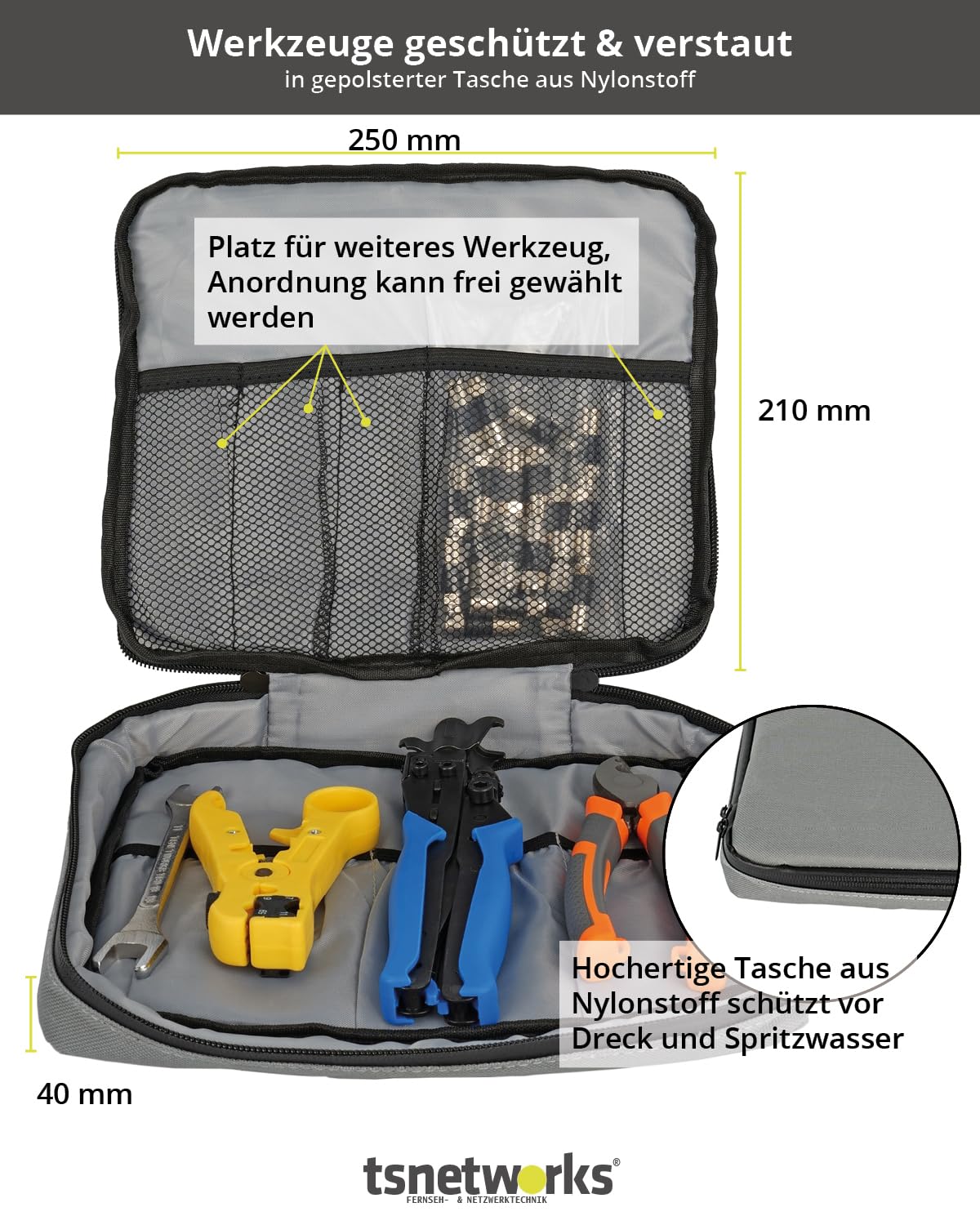 Elektriker Werkzeug Set mit F Stecker, Kompressionszange, Maulschlüssel flach 11-13, Kabelschneider & Abisolierwerkzeug in hochwertiger Tasche mit Platz für weiteres Elektriker Werkzeug