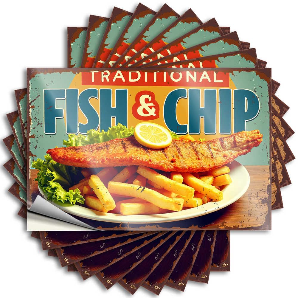 Stickers - Unique Bumper Traditional Fish and Chips with Lemon and Lettuce for Student Tiki Bar Accessories(8X12CM)