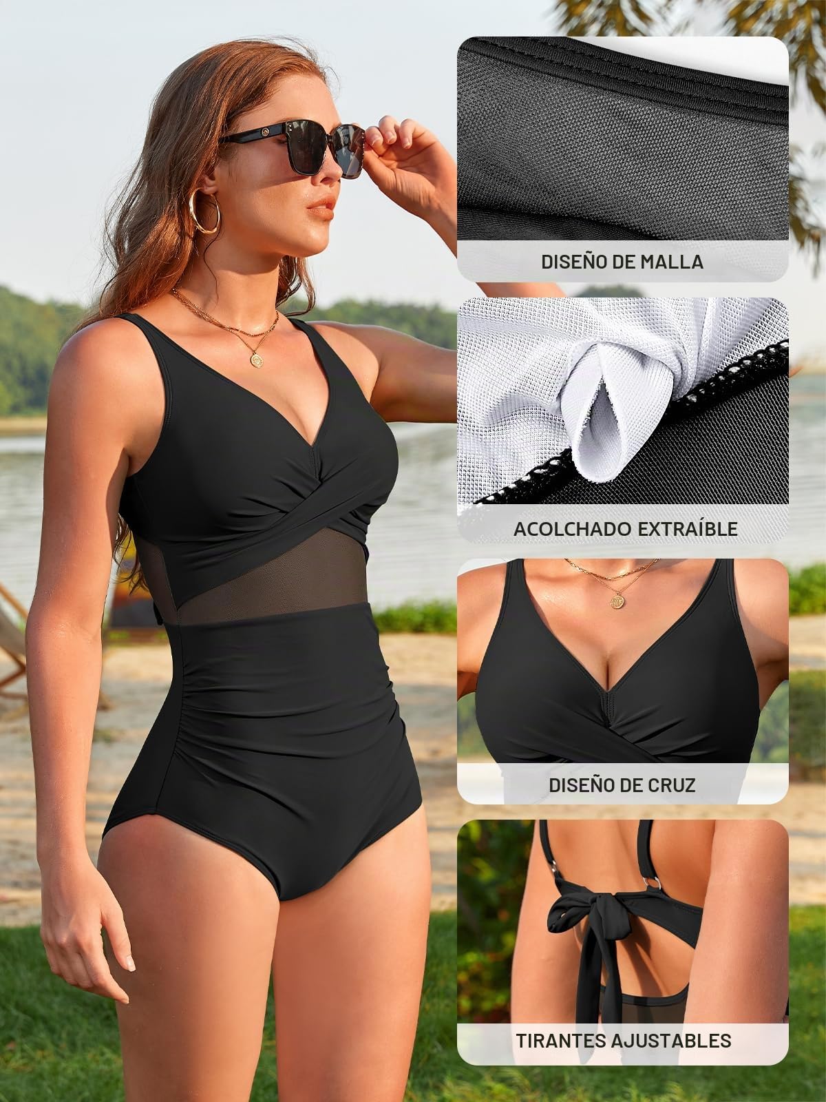 SHEKINI Ajustable Traje de baño de Una Pieza Bañador Mujer Cuello en V Cutout Bañador de Una Pieza para Mujer