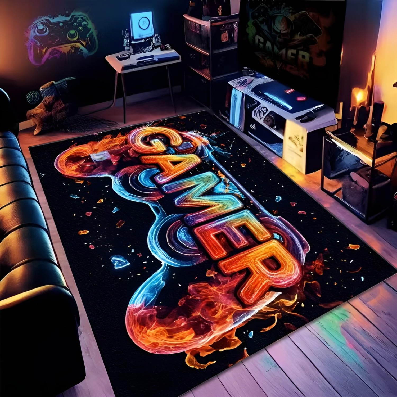 SOJAWA Controller Gaming Rug, 60x90cm Game Flame Neon Visual Effect, Non-Slip Backing Washable Gamer Area Rug, Soft Floor Mat for Boys Bedroom Gaming Room Living Room Home Decor Gamer Gift