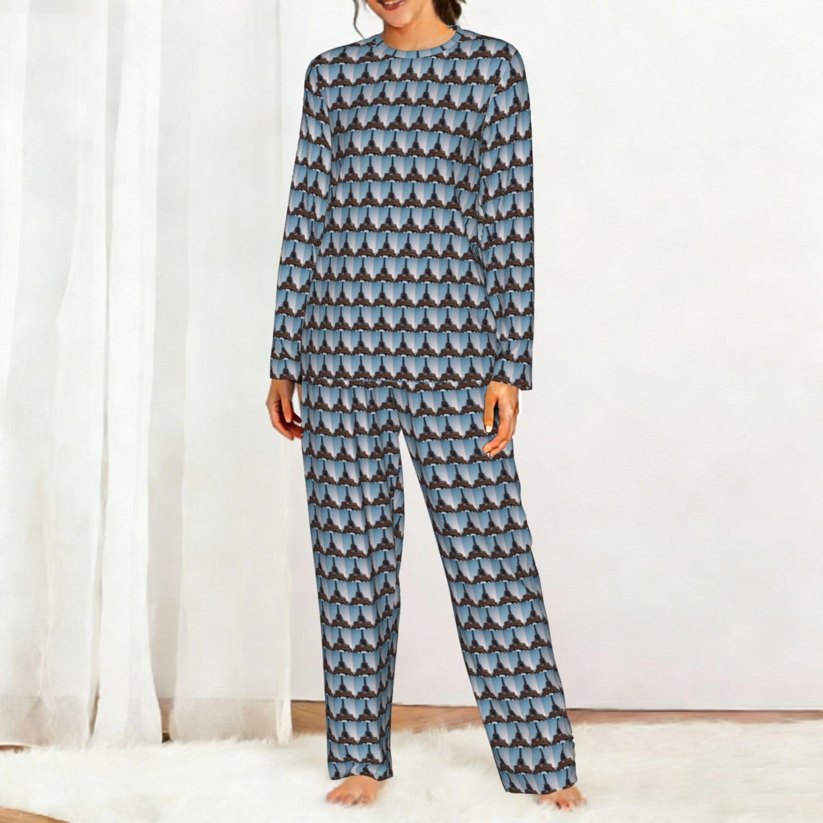 Parigi Torre Eiffel Stampa Donna Manica Lunga Pigiama Abbinamento Giornaliero Confortevole Loungewear Abiti Da Notte