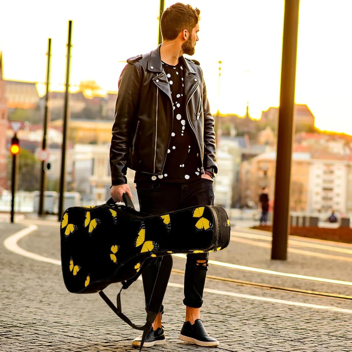 Acoustic Guitar Bag, 40 41 42 Inch Guitar Case Cover Soft Guitar Gig Bag for Acoustic Electric Bass Classical Guitar, Yellow Butterflies Pattern