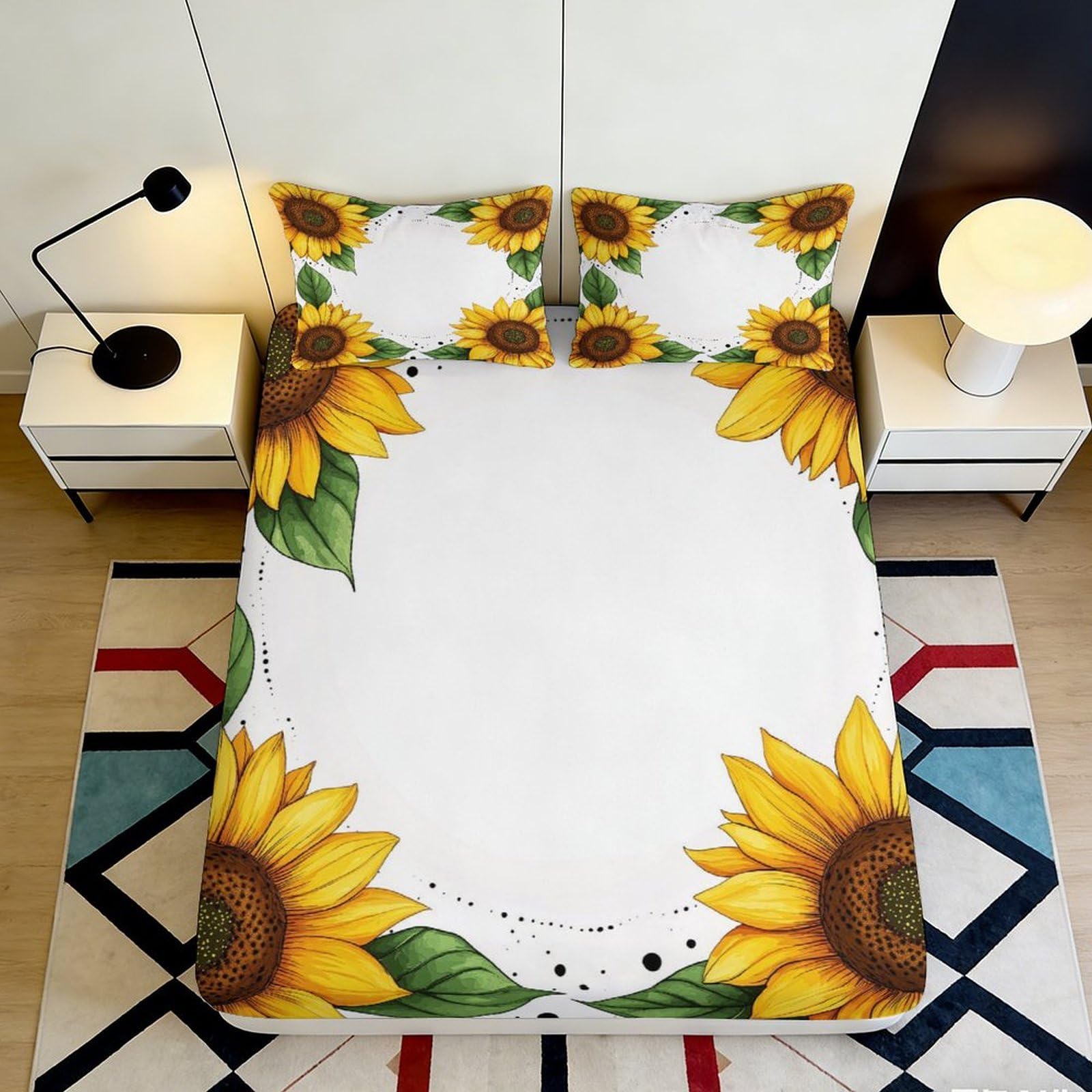 3D Printed Sunflower Bloom Fitted Sheet Microfiber Soft Yellow Floral Mattress Cover for Bedroom Guest Room Decor 90x200x25cm