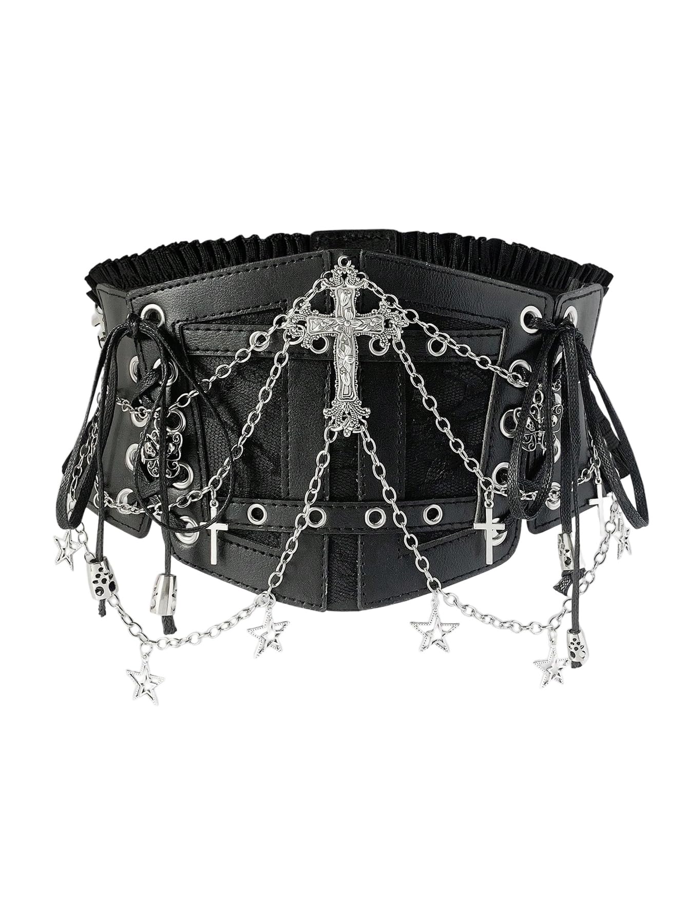 WDIRARA Womens Faux Leather Corset Belt Chain Goth Punk Cross Lace Up Side Elastic Waist Corset