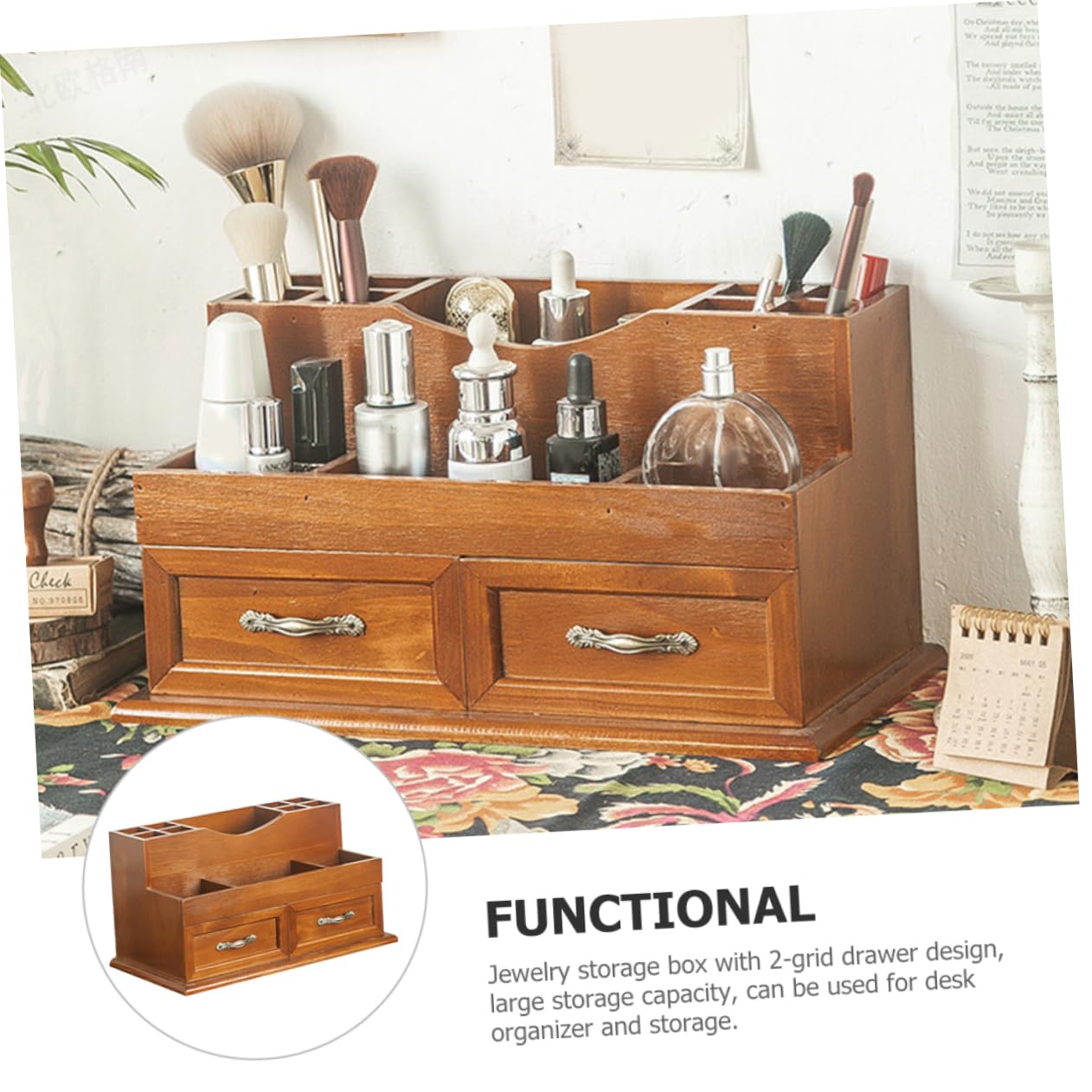 Organizer Scrivania in Legno Vintage Per Cosmetici e Contenitore a Cassetto Multifunzionale 2 Griglie Per Camera Letto e Ufficio
