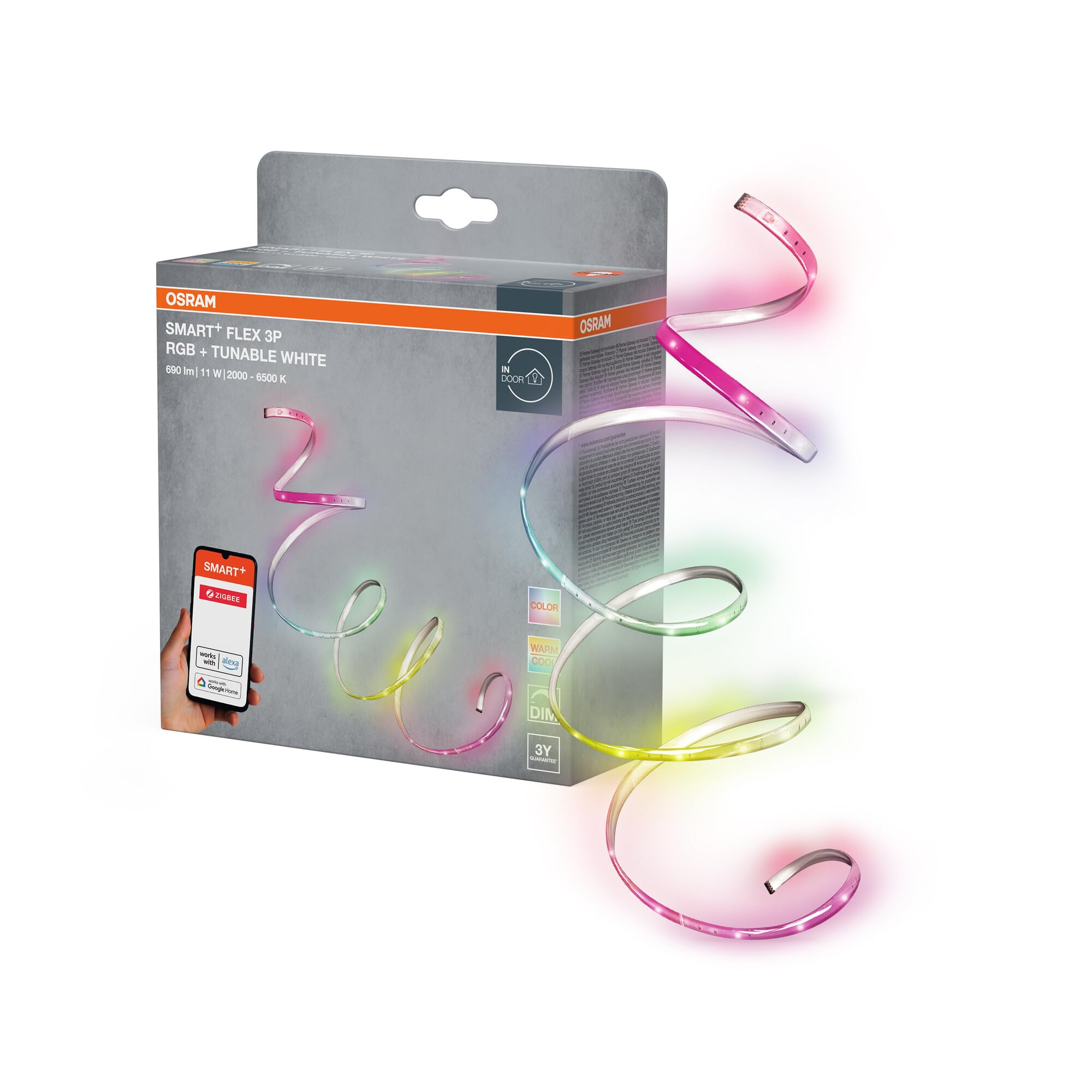 OSRAM Smart+ ZB Flex RGBW 3P Tira LED 11W 700lm ZigBee | Smart+ ZB Flex RGBW, Party Lighting Special and Mood Light, Blanco, 20000 h, Paquete de 1
