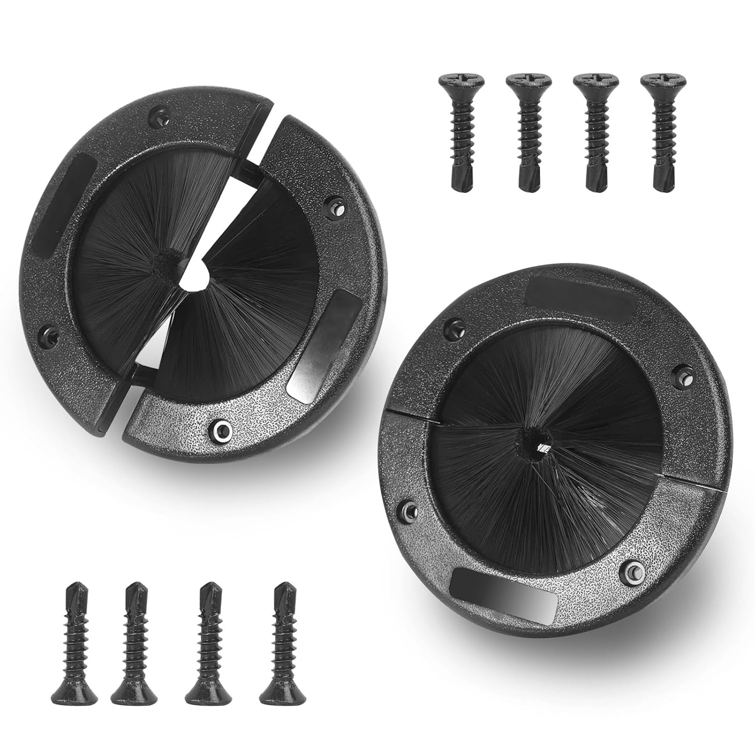 2 Pack 4" Round Brush Grommet with Self Drilling Screws for Home Data Center Wall Floor Cable Management, Large Split Grommet, Raised Floor Airflow Management