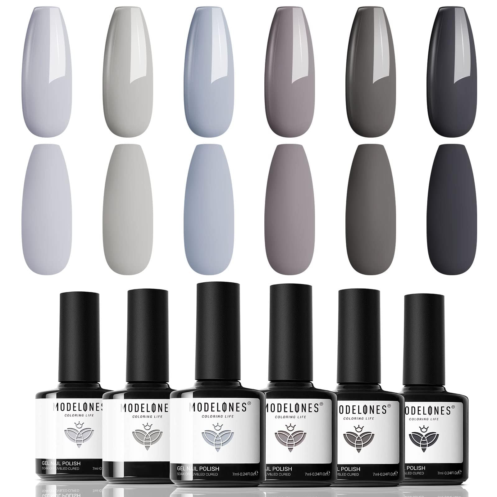 Modelones Grey Gel Nail Polish Set 6 Colors, Gray Tone Dark Cloud Stone Seal Iron Fossil Shades Collection For Fall Winter Soak Off Nail Art Kit Design Soak Off Manicure Gift