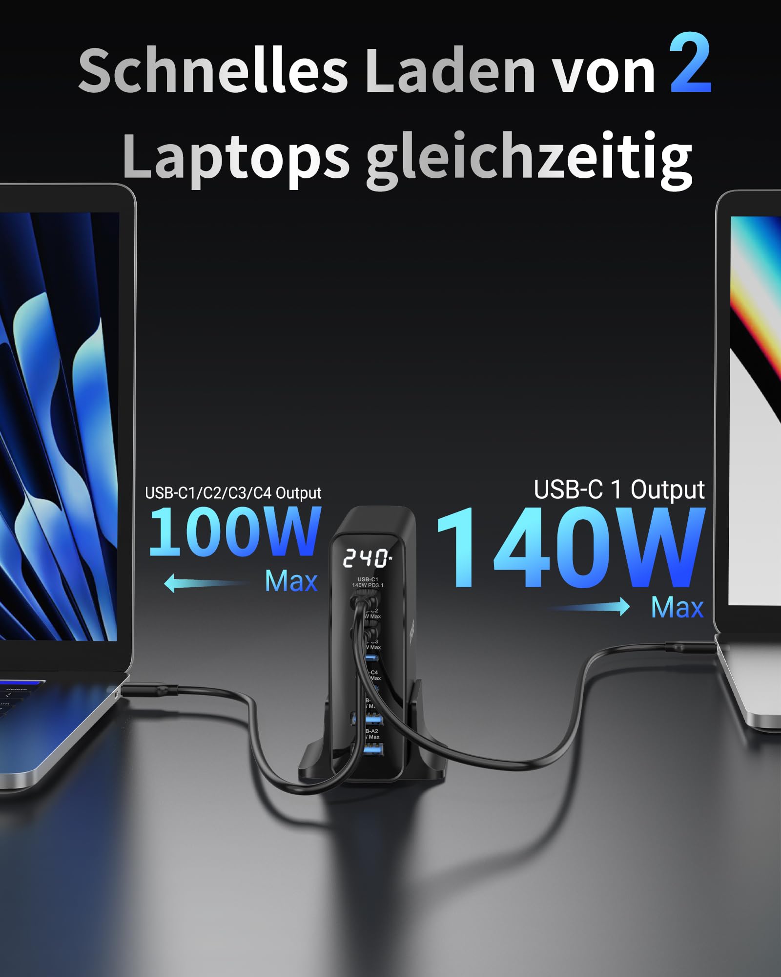 240W Ladegerät USB C, 6 Port PD3.1 GaN Ladegerät mit LED Display, Desktop ladestation Mehrfach für MacBook Pro/Air iPhone 17/16 Pro, iPad, Dell XPS, Galaxy, Pixel, Laptops und mehr, Schwarz