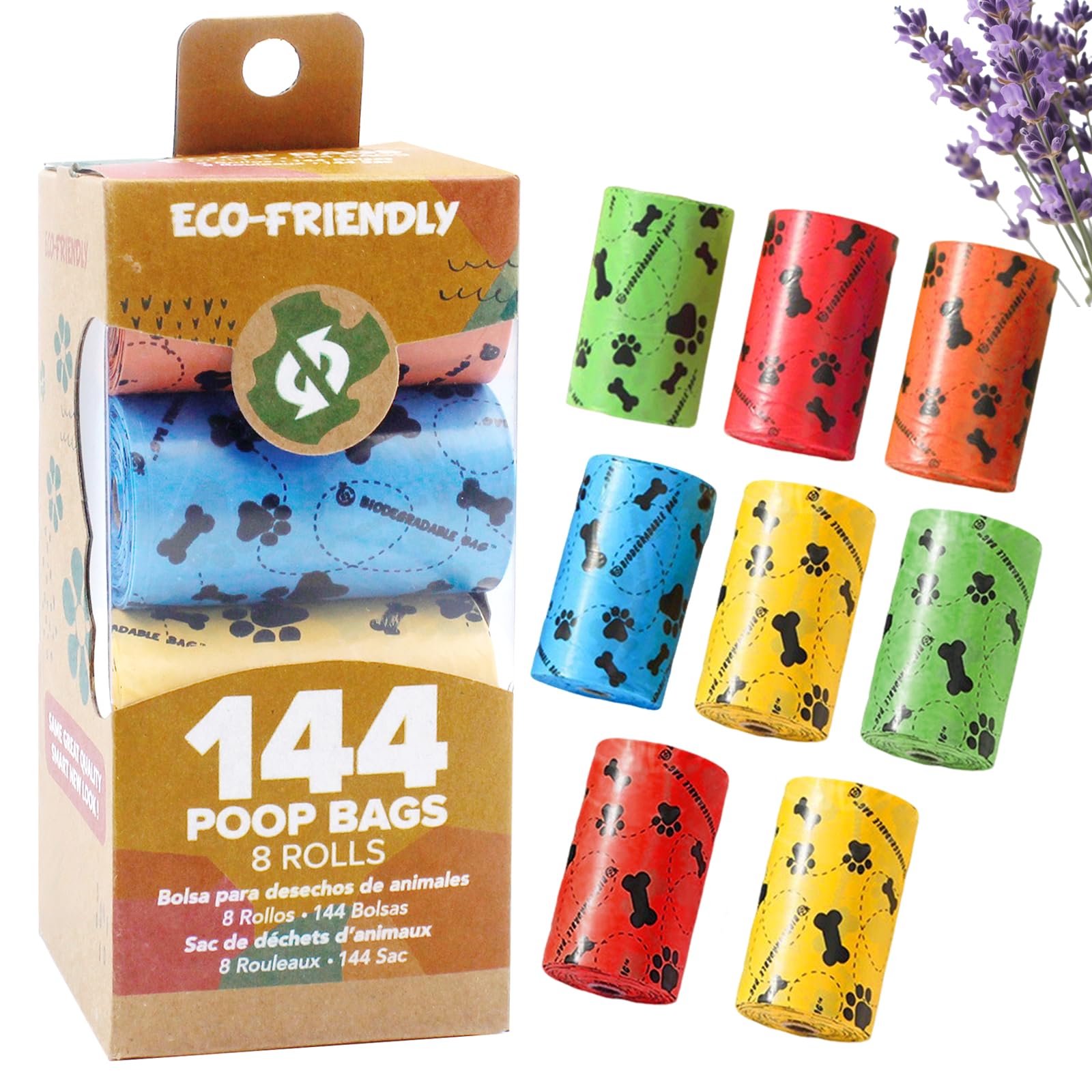 Sythrix 8 Rolls(Pack Of 144) Dog Poop Bags Rolls 8/18, Leak-Proof & Tear Resistant, Lavender Scented Dog Poop Bags Biodegradable Cat Dog Waste Bags (8 Rolls(Pack Of 144))