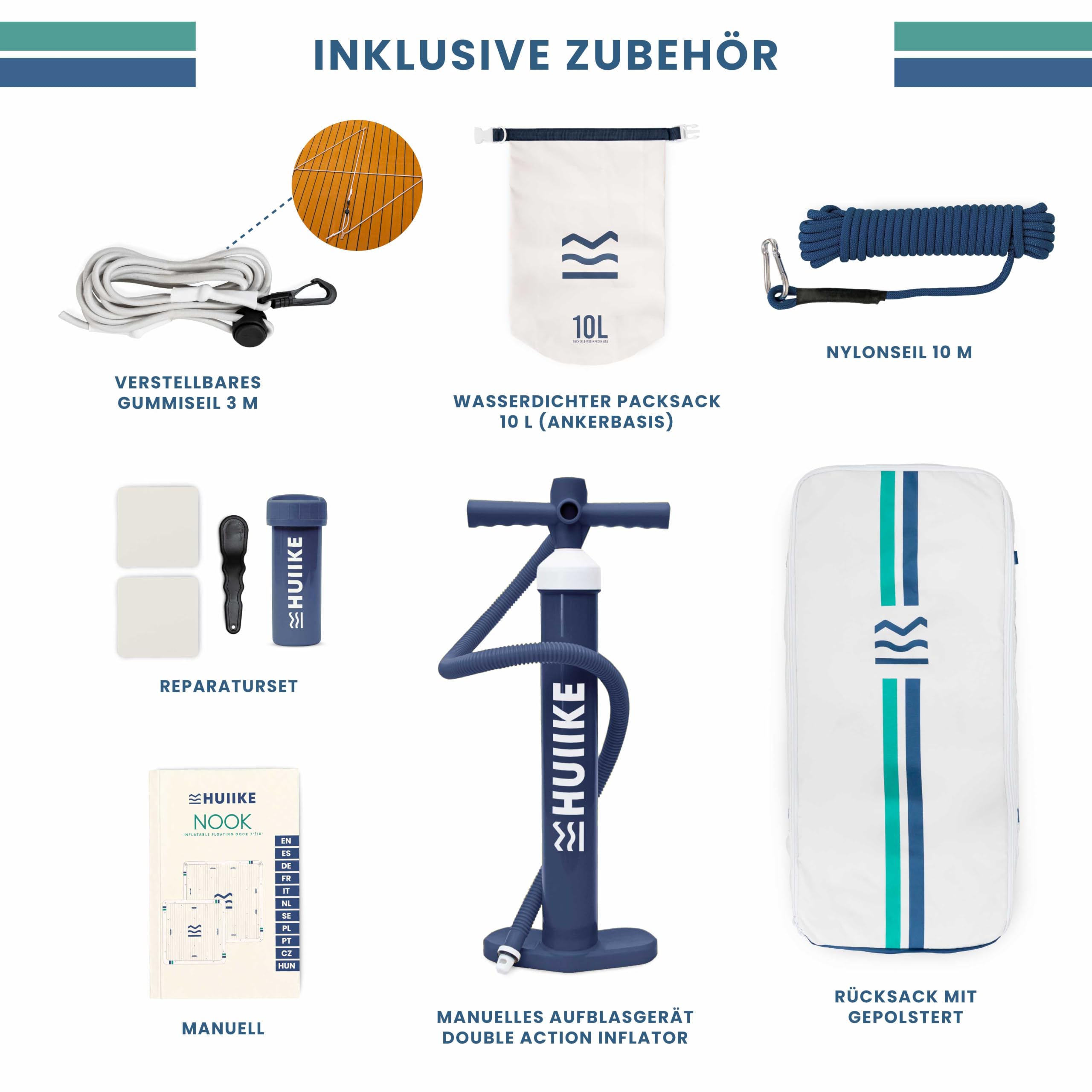 HUIIKE rutschfeste Badeplattform Aufblasbar 2,15-3,05 m für 4-6 Personen mit Zubehör Inklusive, Pumpen, Sandanker, Rucksack. Schwimmplattform bis zu 280-500 kg, Badeinsel für Kinder und Erwachsene