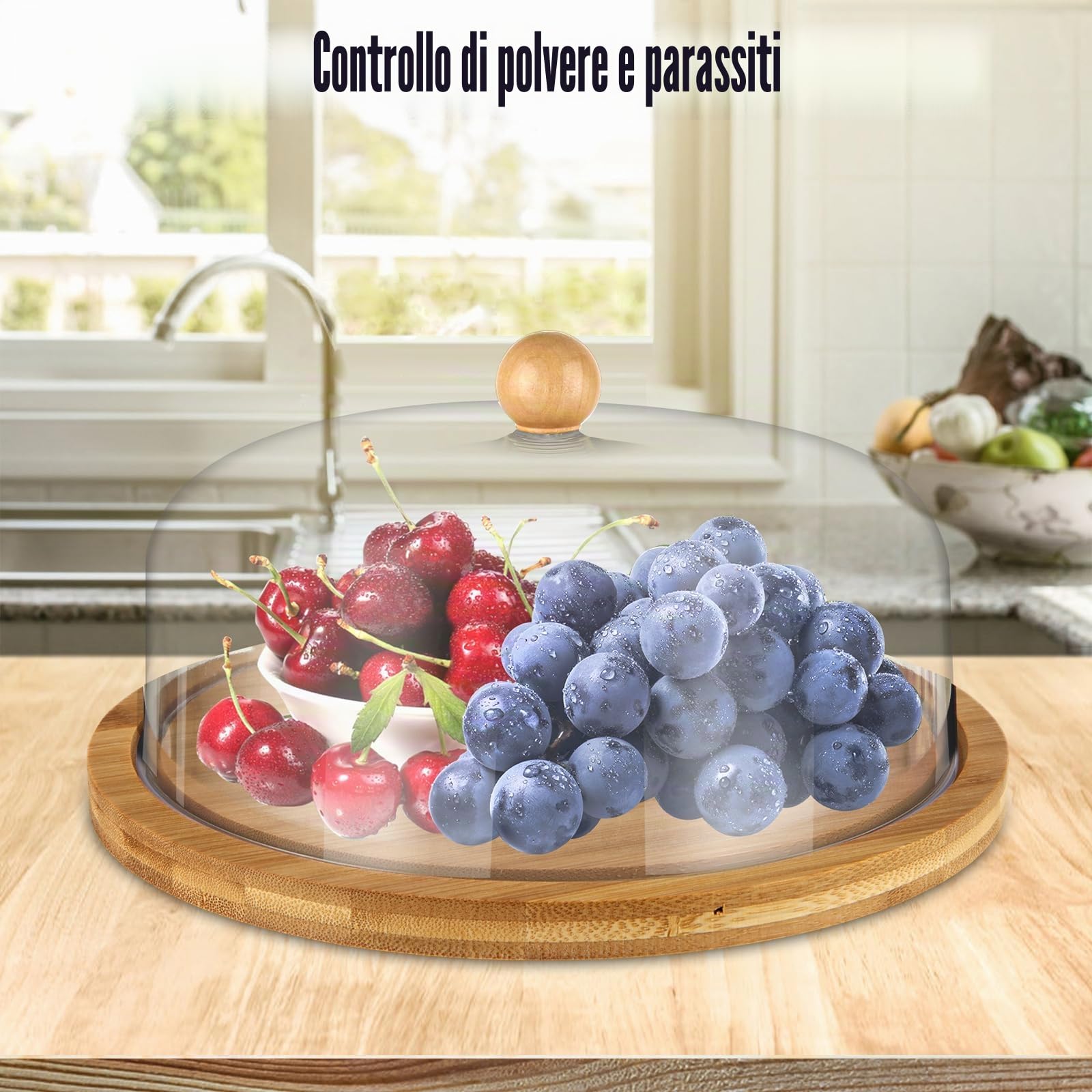 Alzata per torte con coperchio a cupola, 25,4 cm, in bambù, con coperchio, espositore trasparente per torte con cupola in acrilico, per feste di compleanno e matrimoni