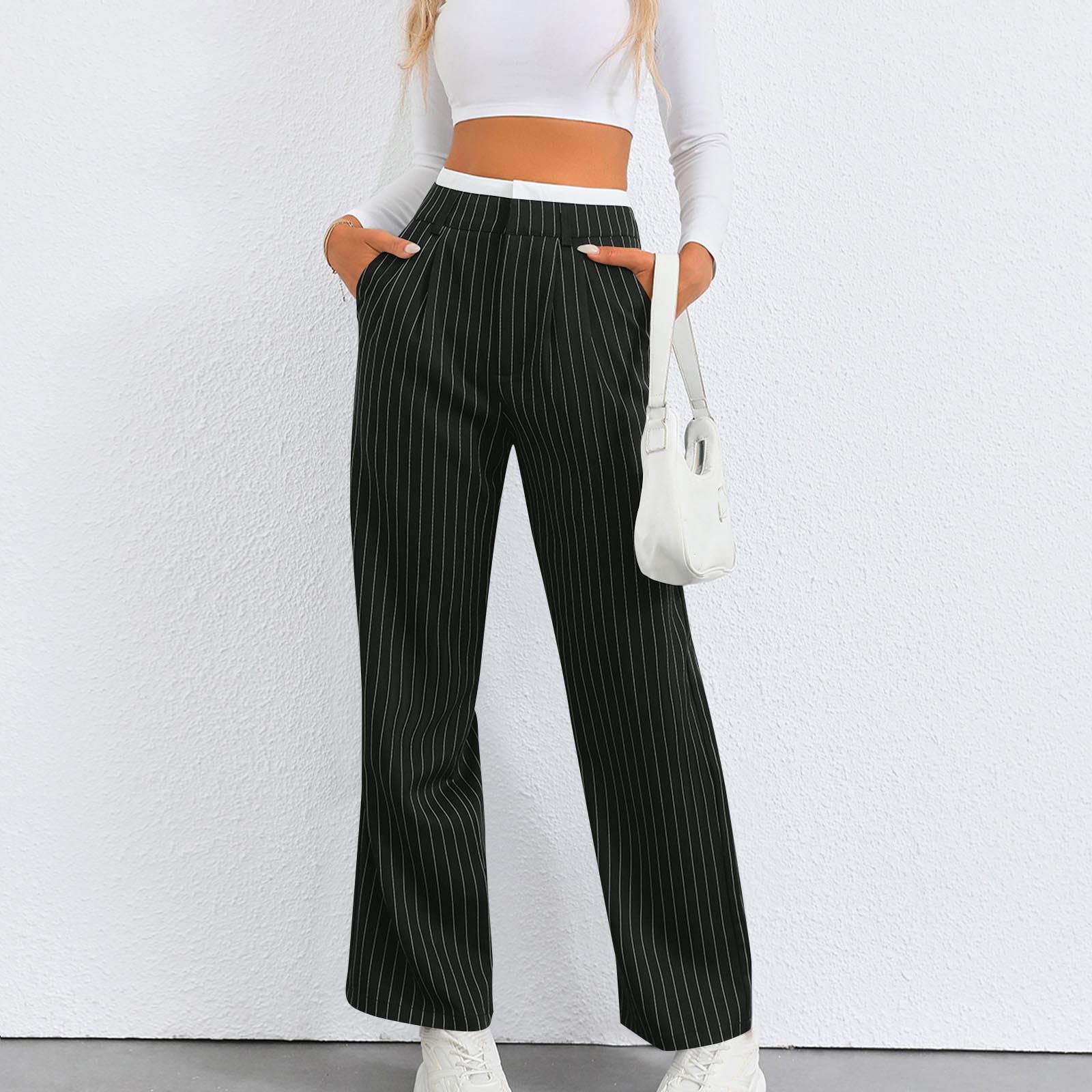 Women's Striped Straight Leg Dressy Pants High Waisted Color Block Business Casual Work Pants Palazzo Suit Trousers Army Green